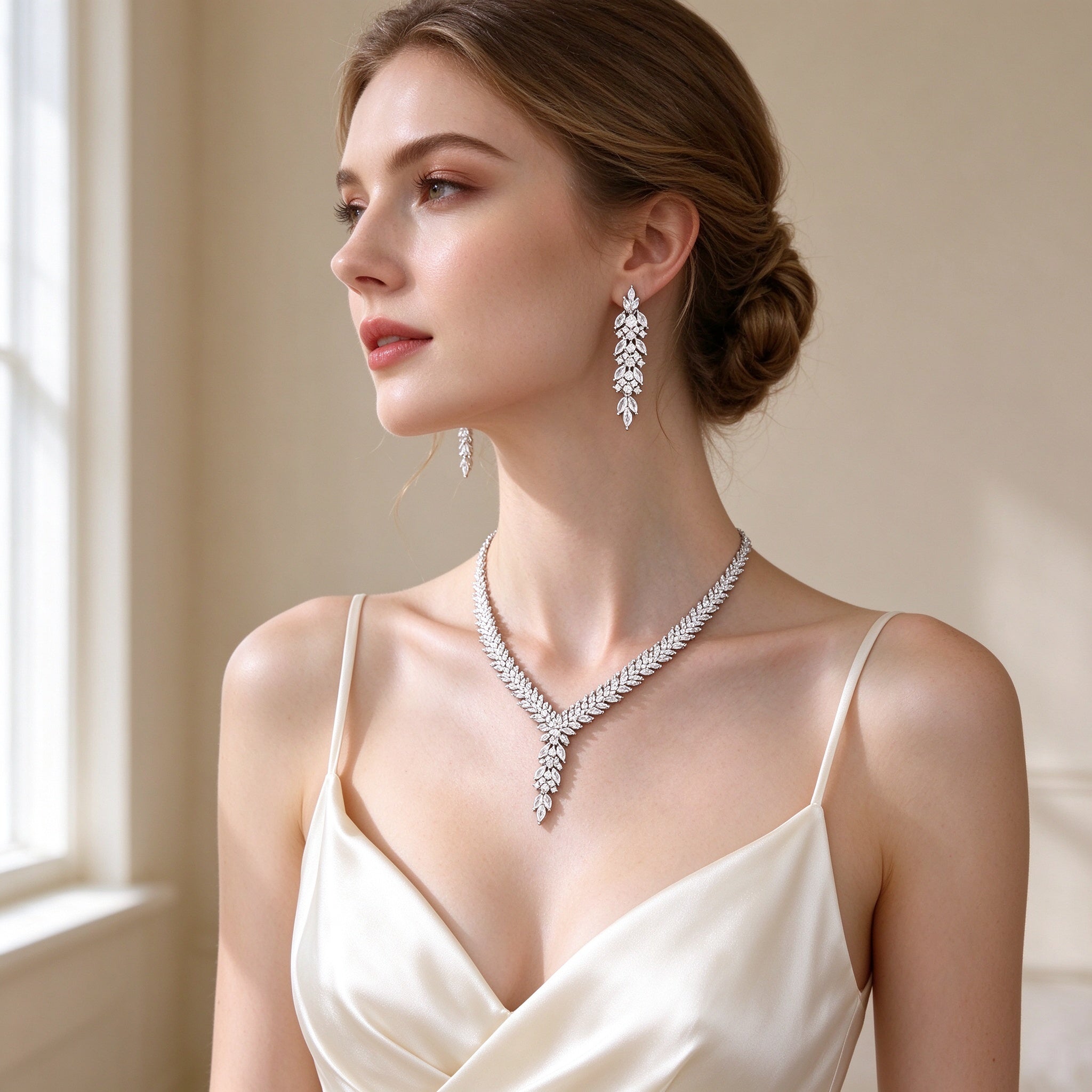 Bride wearing The Apex Crystal Parure necklace and long drop earrings in ivory silk