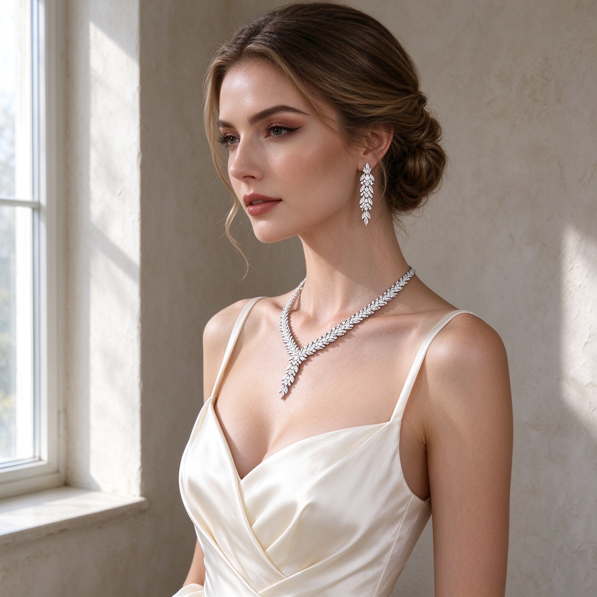 Bride in profile wearing The Apex Crystal Parure against a warm gray wall