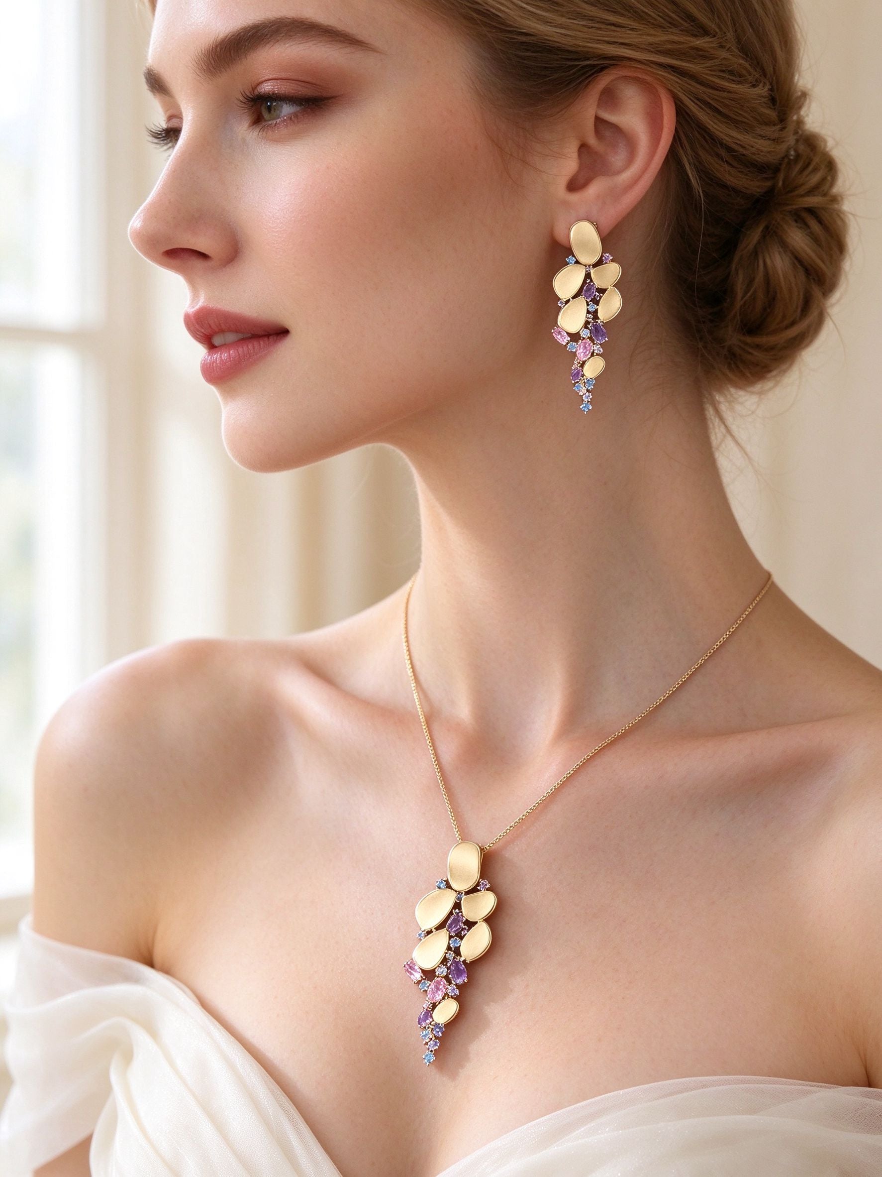 The Aurelia Bridal Set – side close-up of the gold-tone drop earrings and necklace at the collarbone
