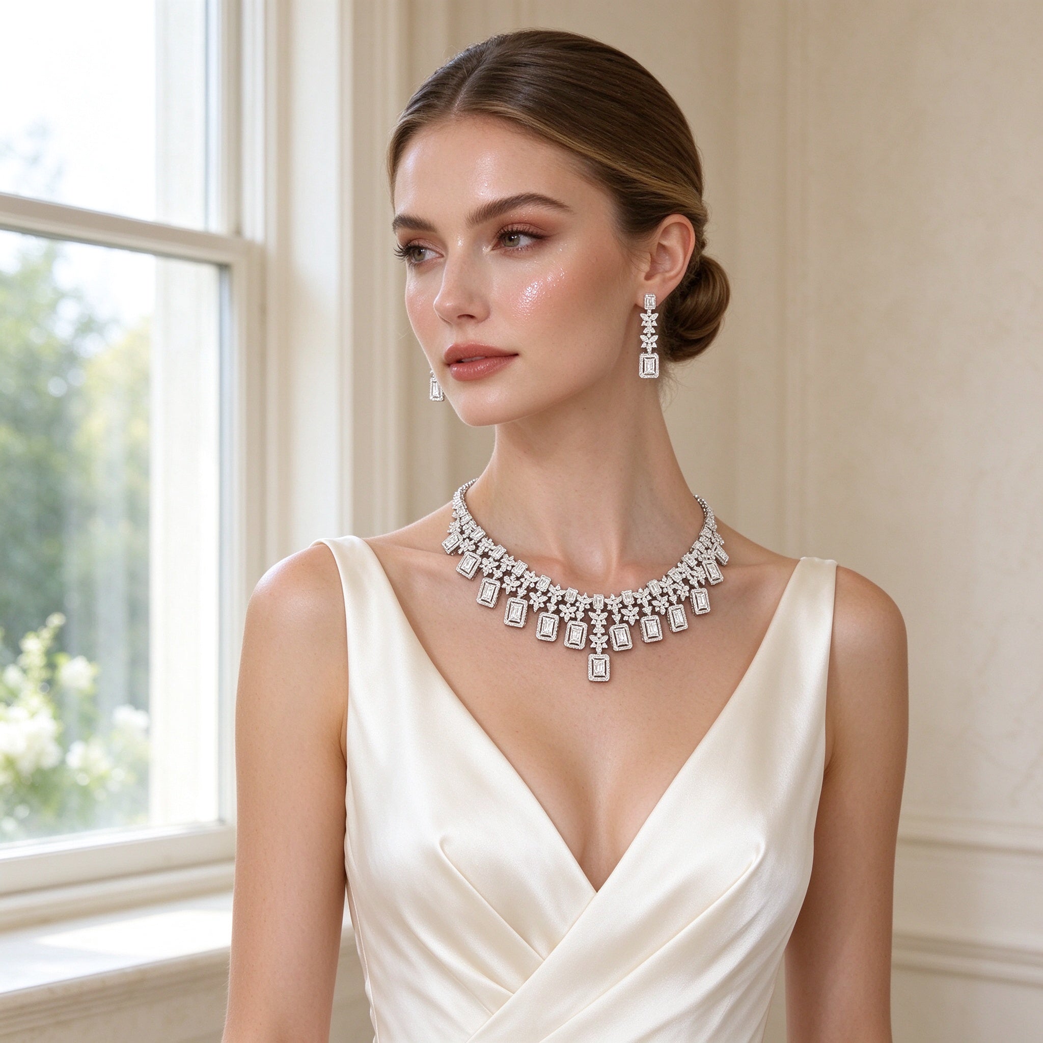 Western bride wearing The Aurora Wedding Suite emerald-cut CZ fringe collar necklace and chandelier earrings in an ivory silk gown by a bright window