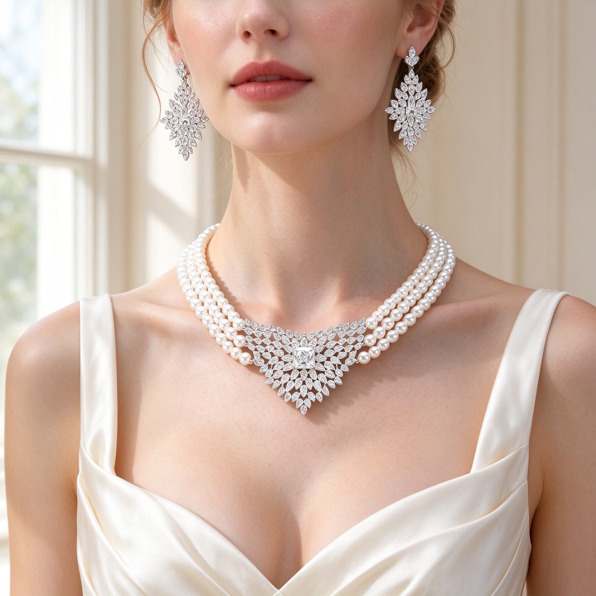 Close-up of The Clover pearl necklace V-cluster and leaf-cluster drop earrings at the collarbone