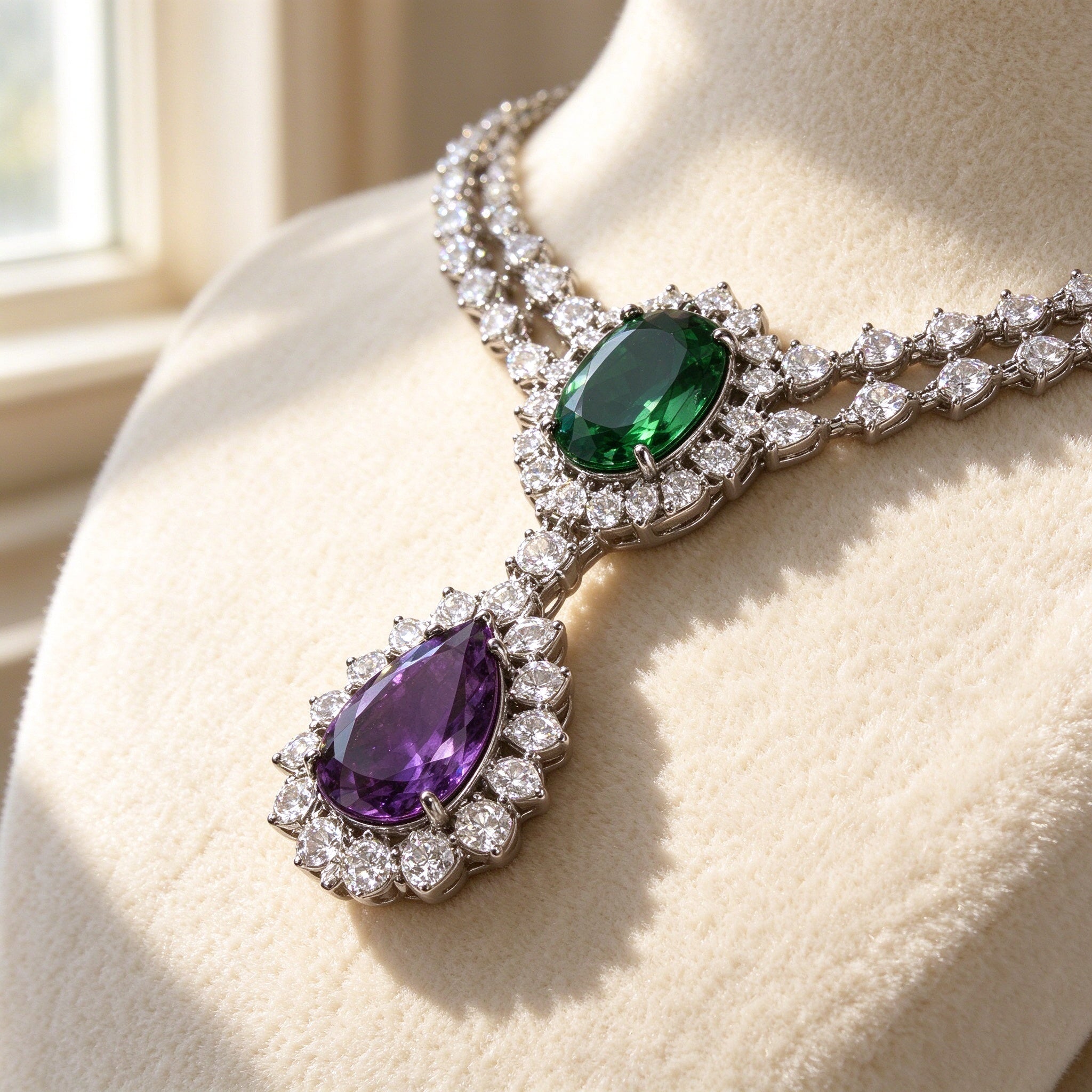 Macro of The Crown Y-drop necklace centerpiece emerald-green oval and amethyst-purple pear CZ with white CZ halo