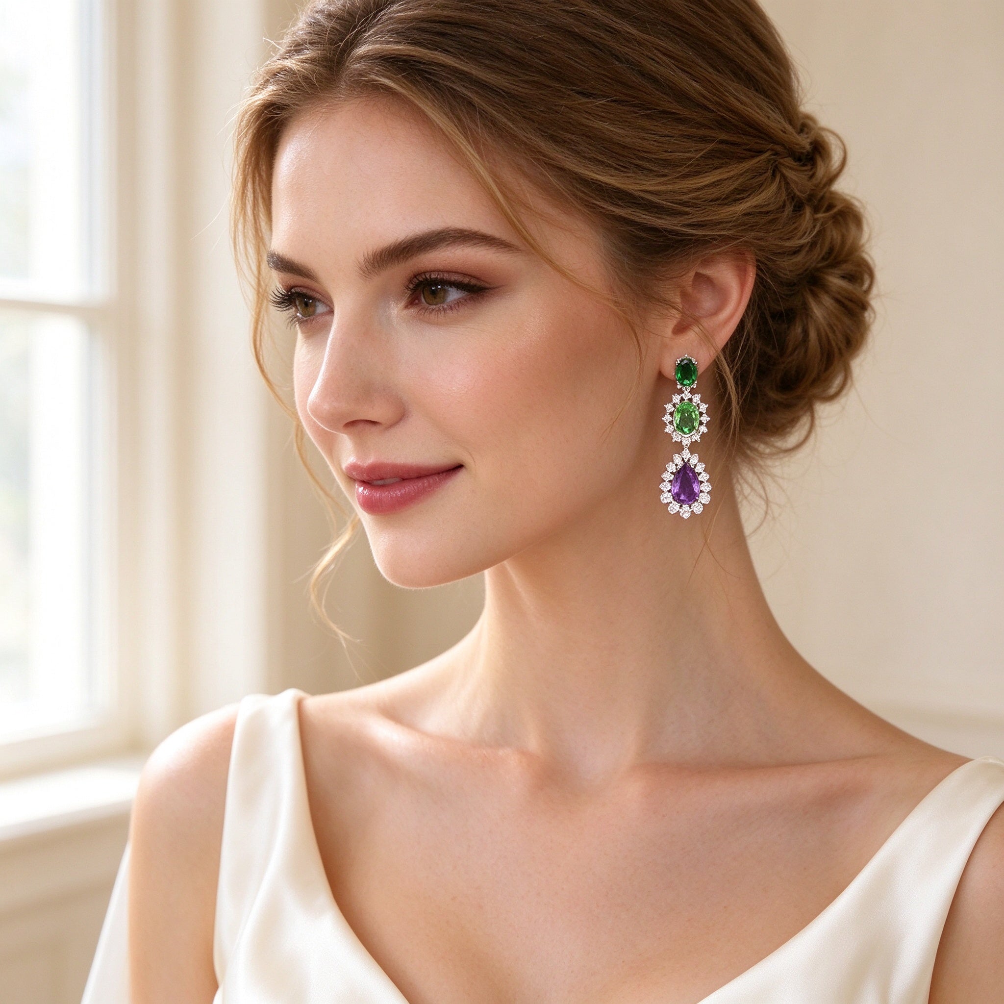 Close-up of The Crown chandelier earrings with green oval and purple pear CZ on a bride