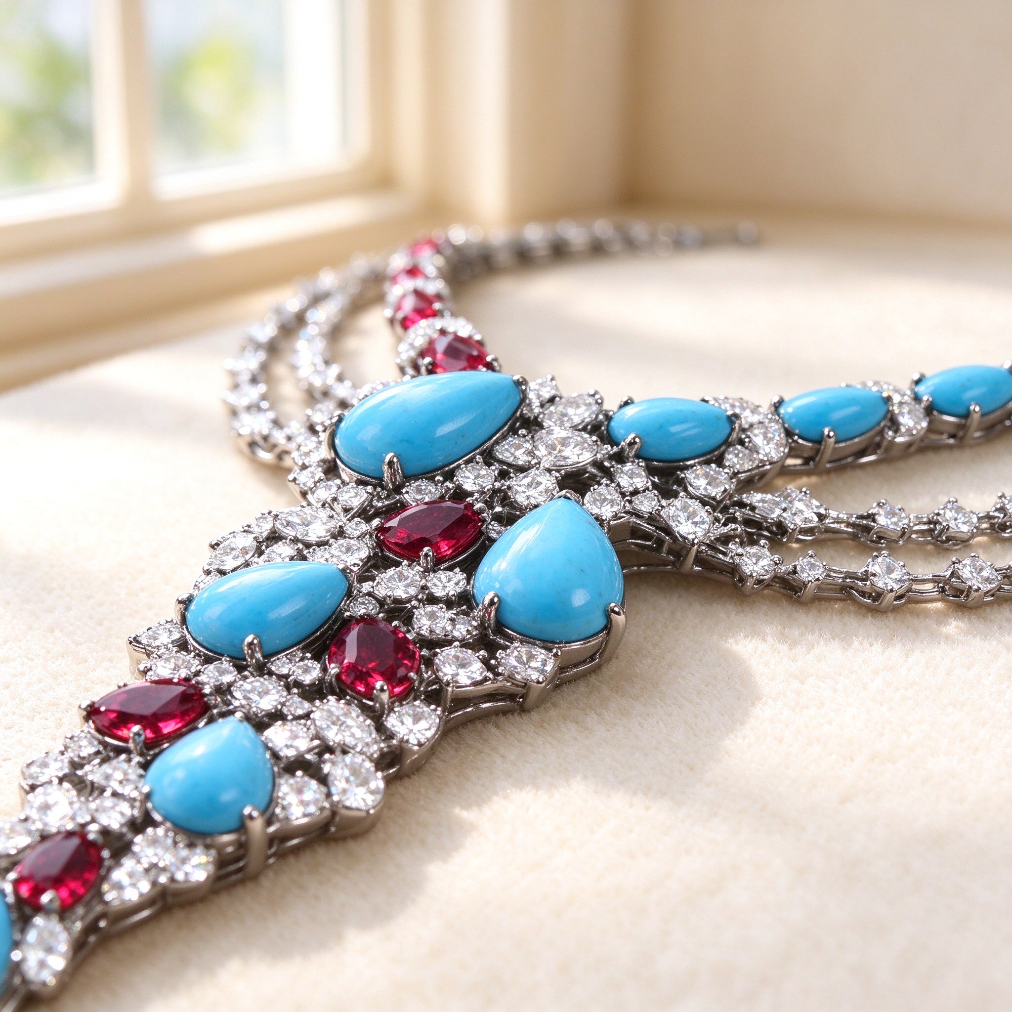 Macro detail of turquoise-blue teardrop and crimson stones in CZ pavé