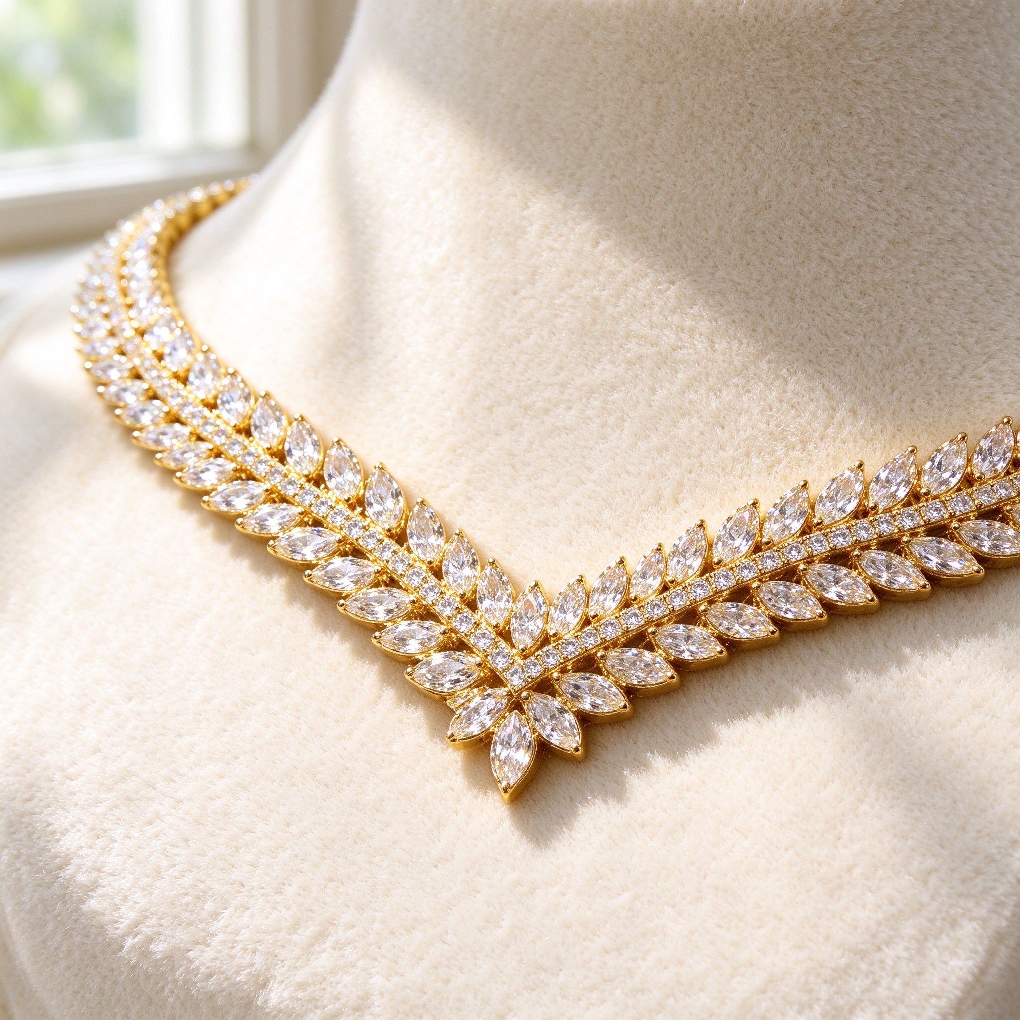 Macro detail of The Daybreak Wedding Suite V-chevron marquise-cut CZ laurel weave tapering to its point