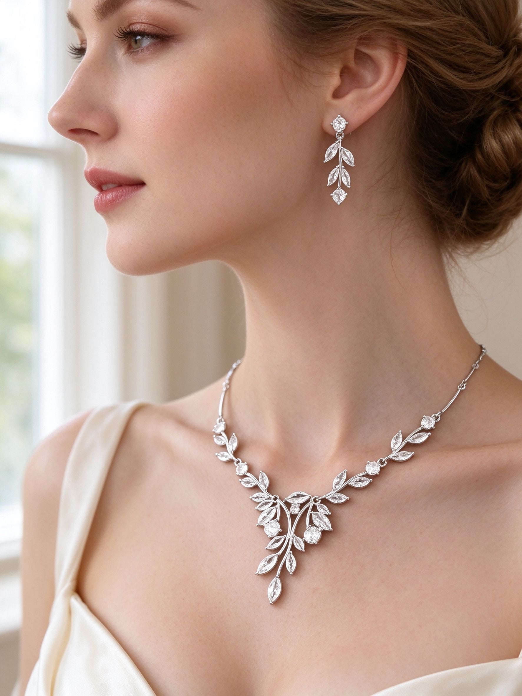 Side detail of The Delaney Wedding Suite showing the linear leaf earring and botanical V at the collarbone