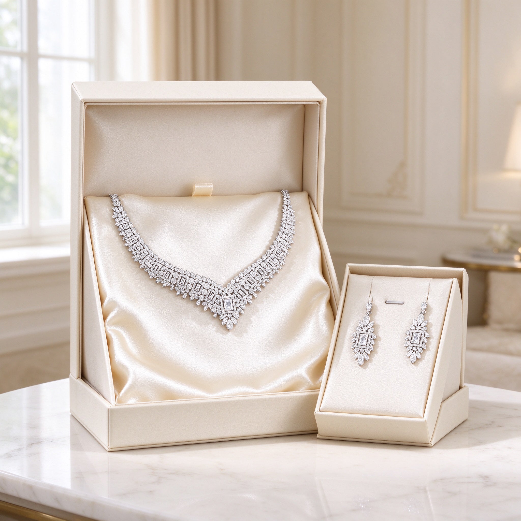 The Diadem Bridal Parure presented in an open ivory keepsake box lined with cream satin
