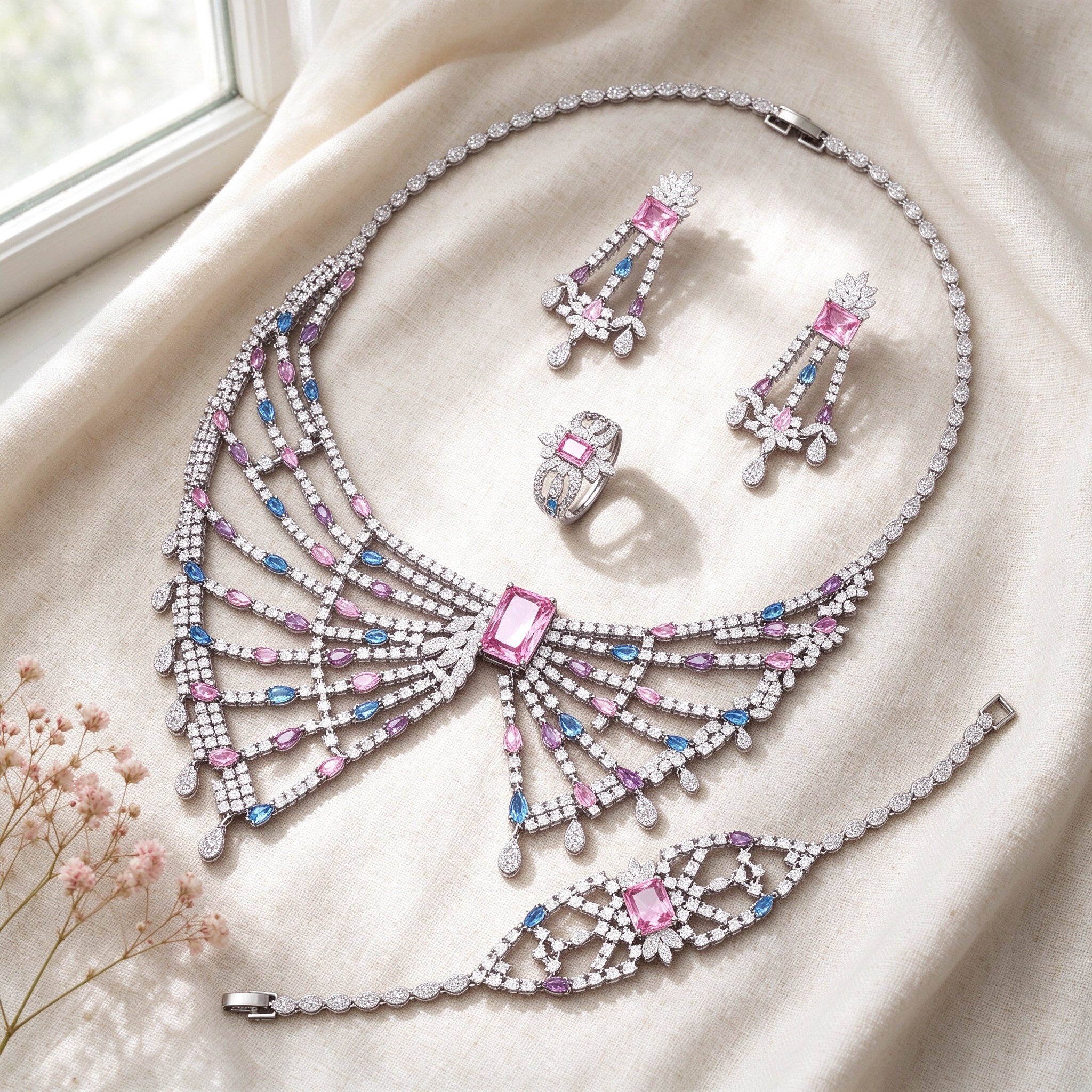 Top-down flat lay of The Equinox Crystal Parure four-piece pink CZ bridal set on ivory linen