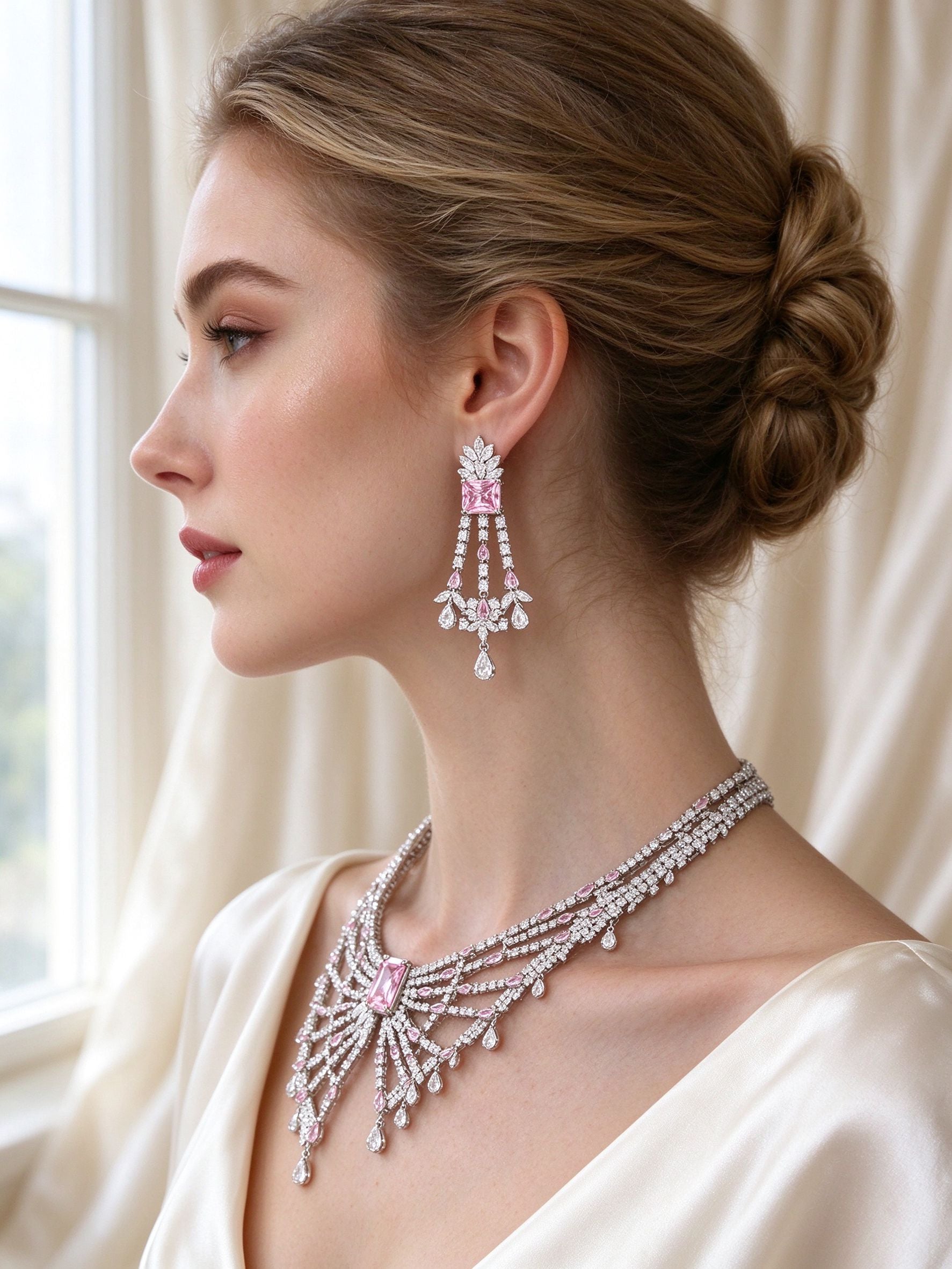 Close-up of bride's ear wearing The Equinox Crystal Parure tiered silver CZ chandelier earring with pink top