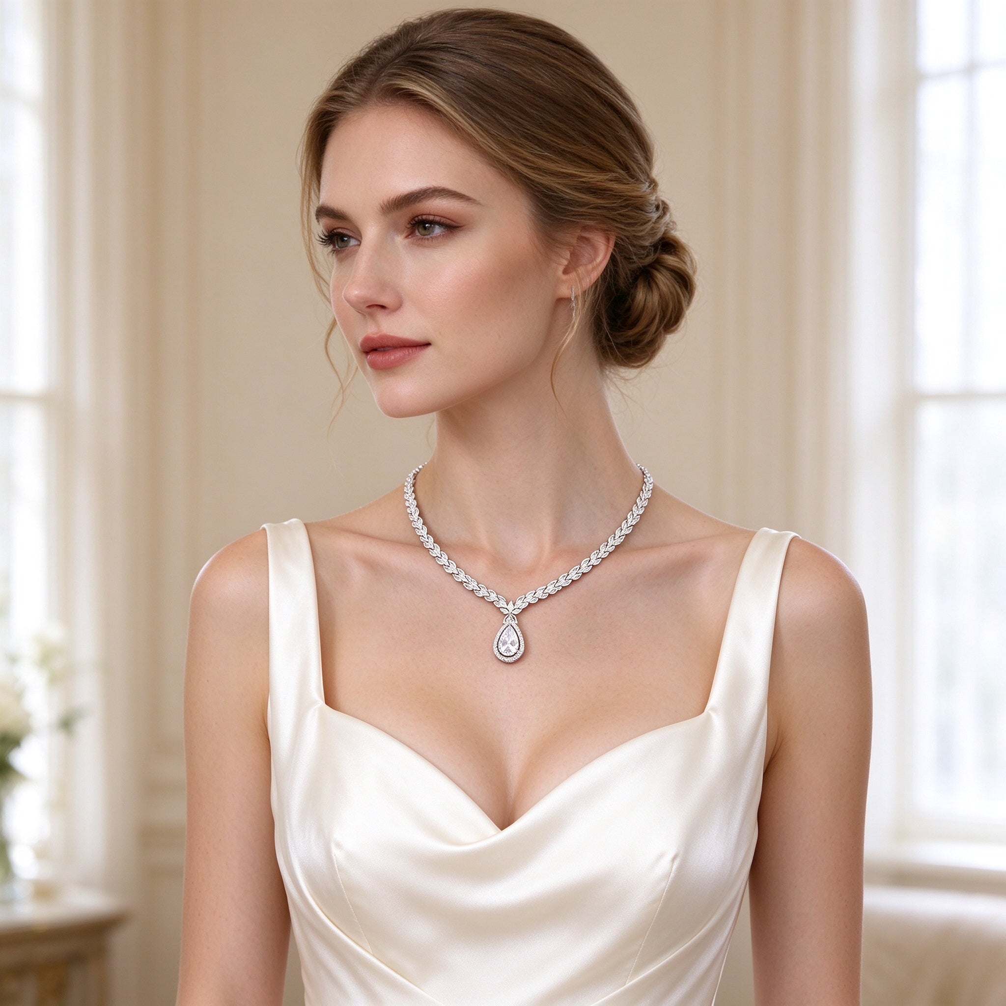 Bridal model wearing The Fern pear-drop tennis necklace in ivory silk gown