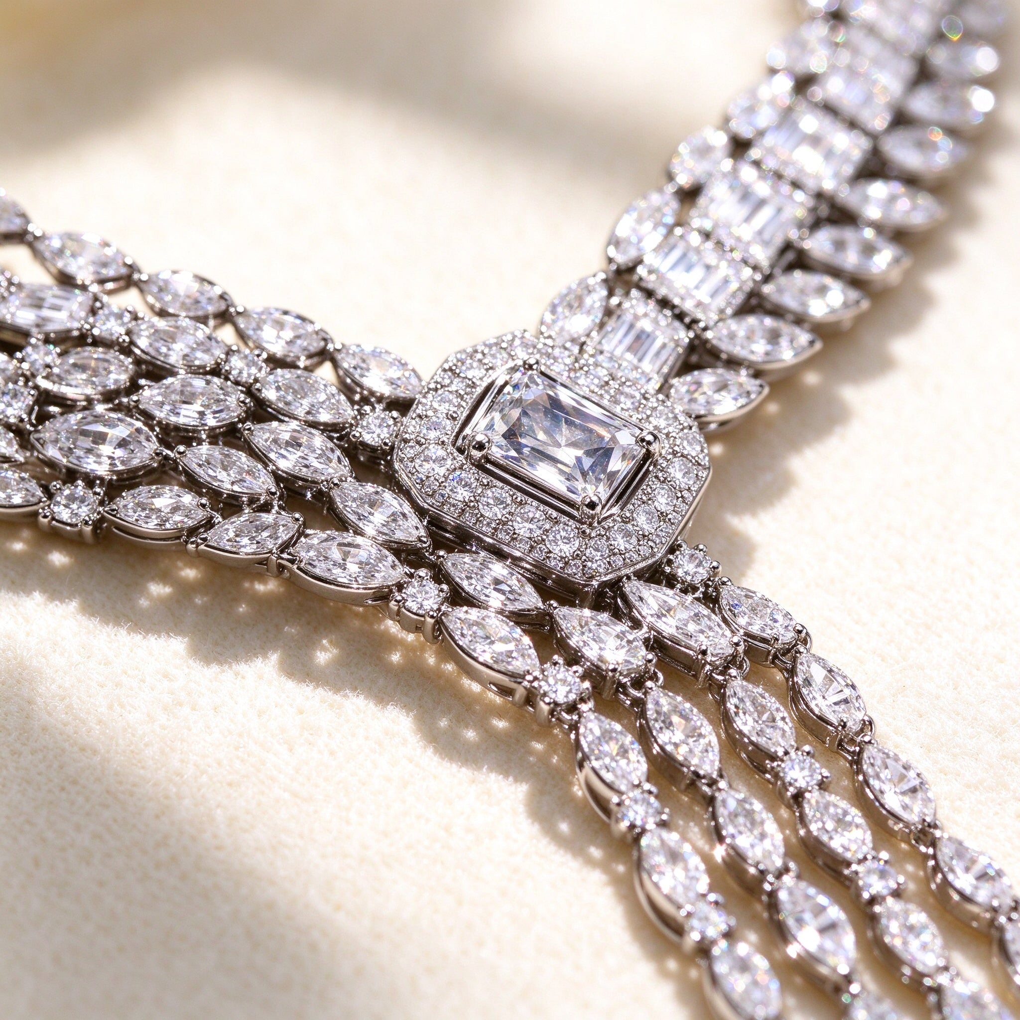 Macro detail of The Harvest Bridal Parure marquise CZ links meeting at the central emerald-cut stone