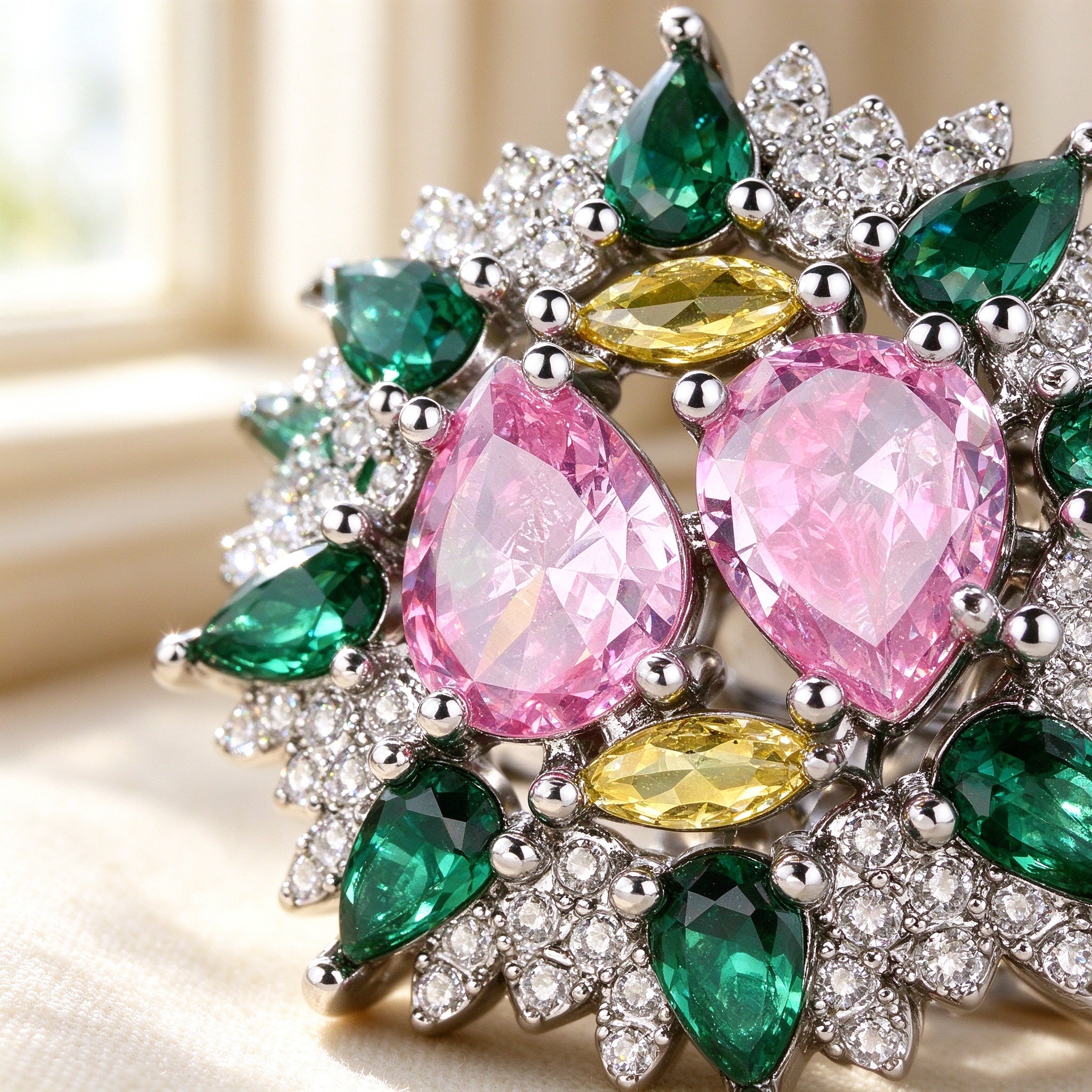 Macro close-up of Hazel emerald green, blush pink and lemon marquise CZ prong-set in clear pavé
