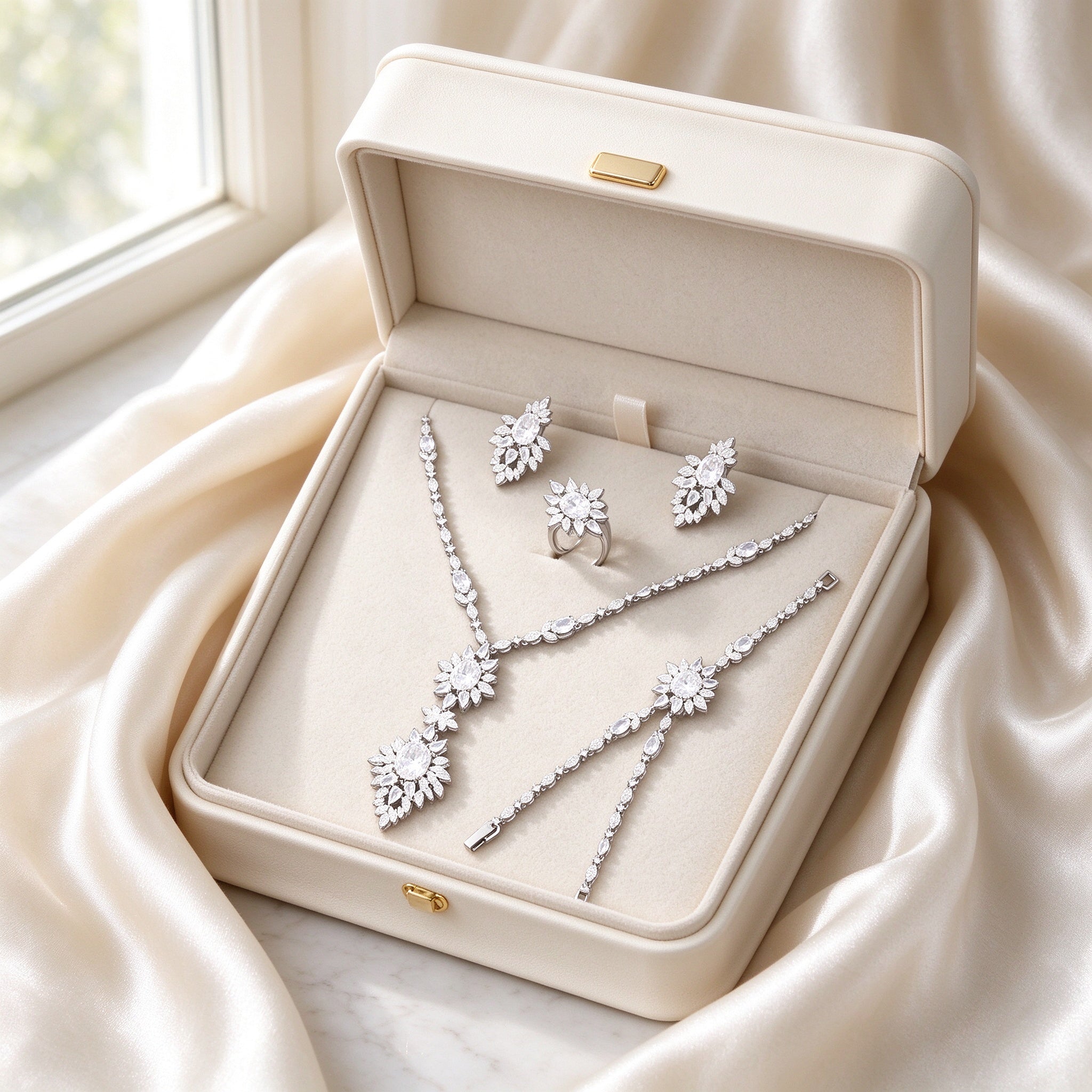 The Iris Crystal Parure nestled in an ivory keepsake gift box