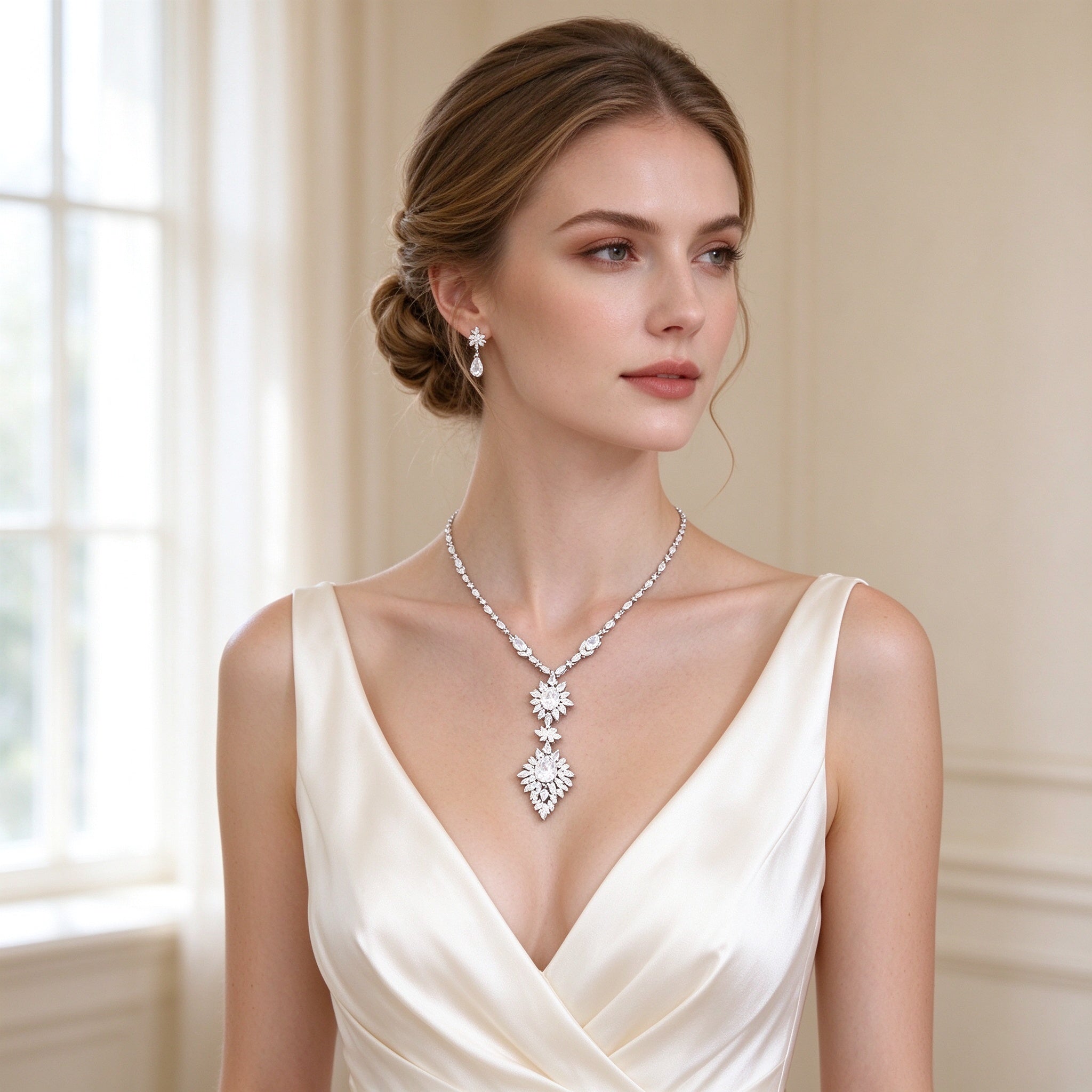 Bridal model wearing The Iris Y-drop floral pendant necklace in ivory V-neck gown