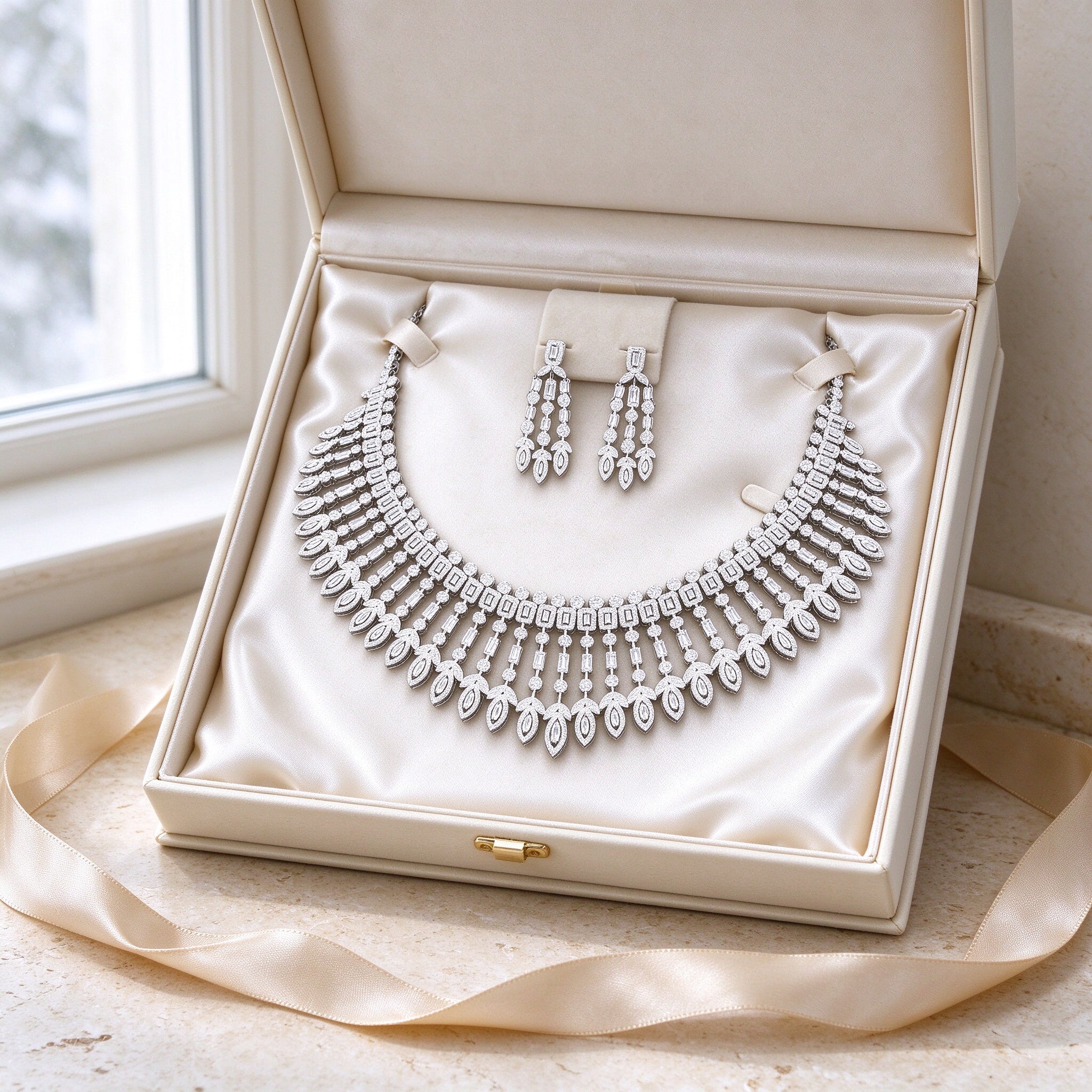 The Jasmine Bridal Set necklace and earrings in an open ivory cream gift box with satin lining and champagne ribbon