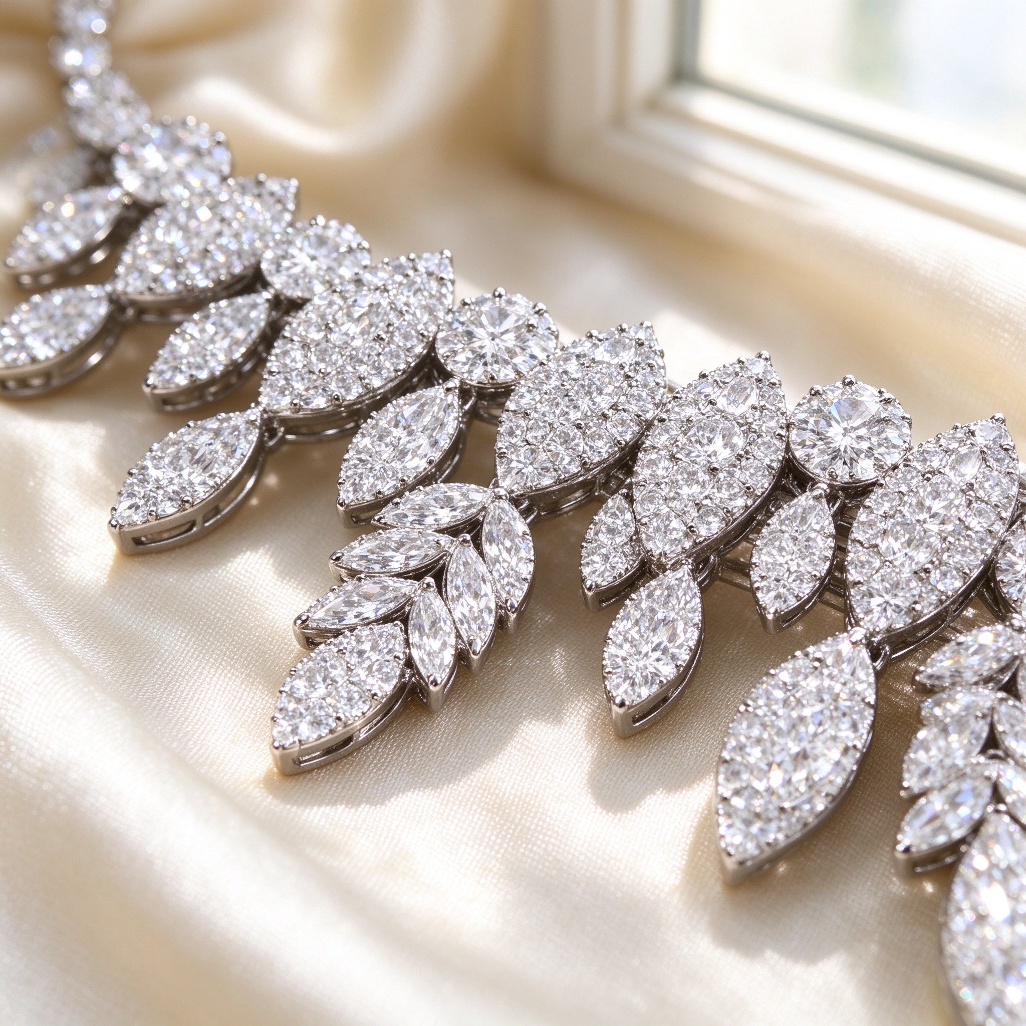 Macro detail of The Luna Crystal Set micro-pavé marquise and round clear CZ leaves