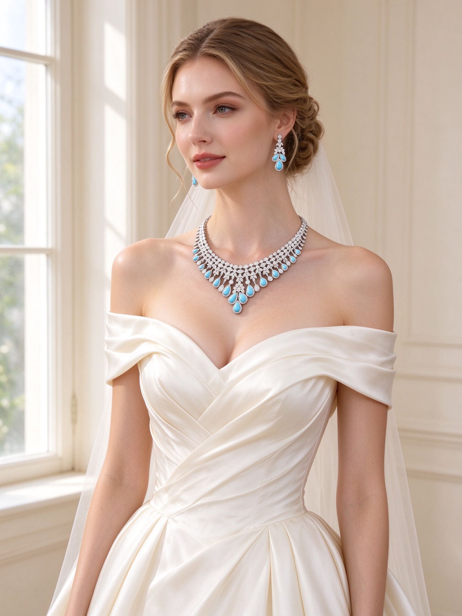 Bride in an ivory off-shoulder silk gown wearing The Marlowe Wedding Suite floral fringe collar and turquoise drop earrings