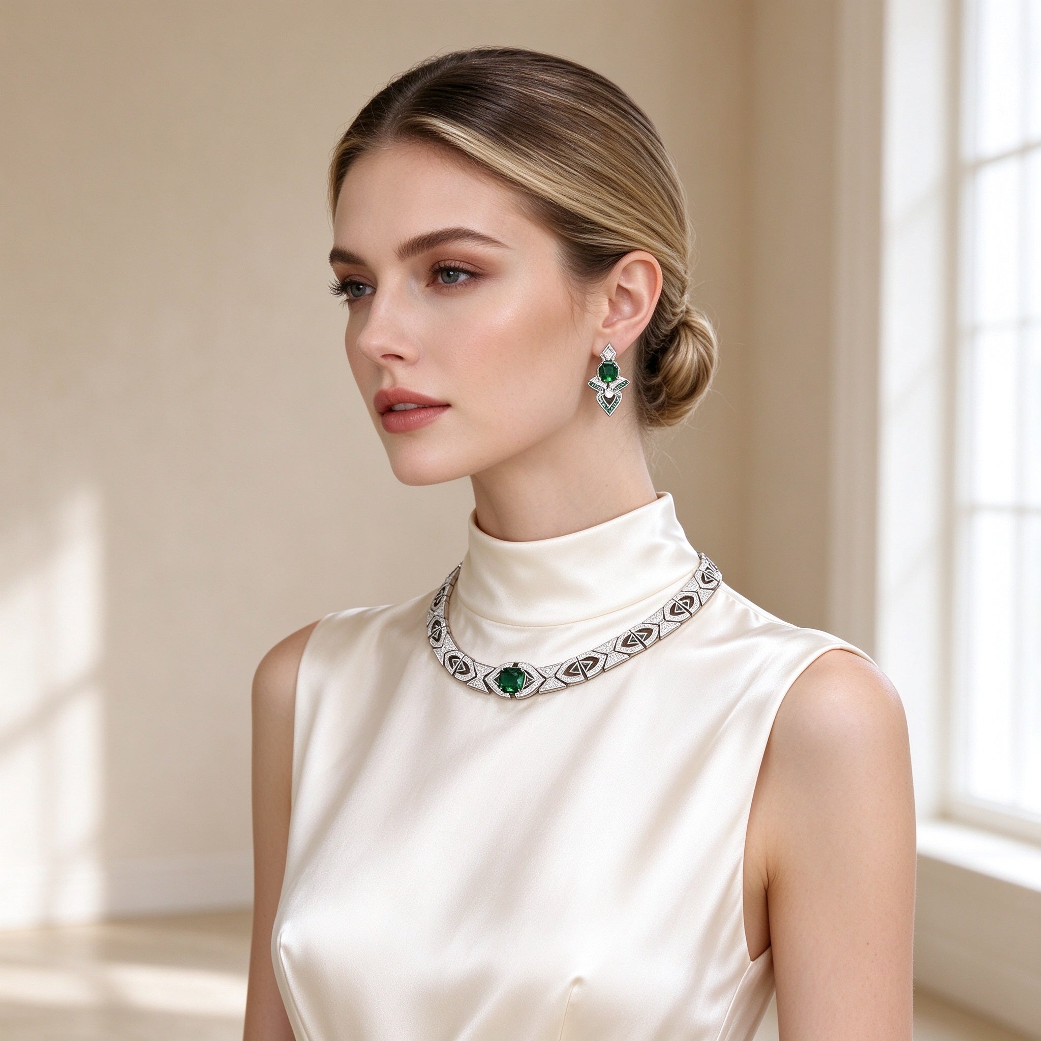 Model wearing The Meteor Wedding Suite choker and earrings in ivory silk high-neck gown