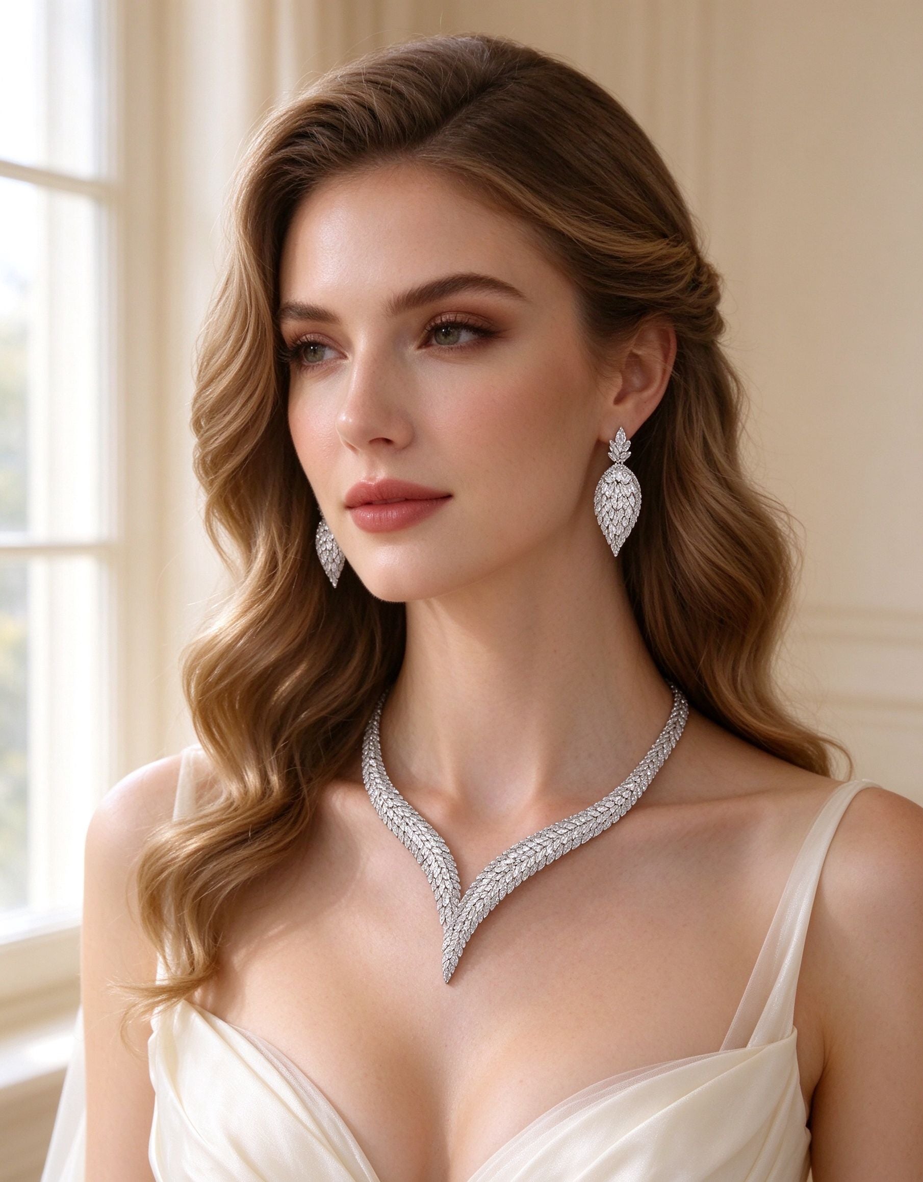 Close-up of The Midnight Bridal Set — marquise leaf earrings and V-collar necklace