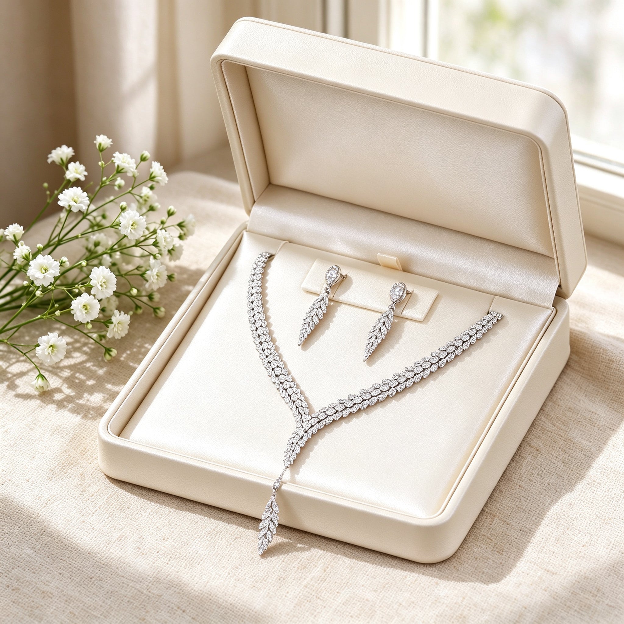 The Nova Crystal Parure presented in an open ivory keepsake box lined with cream satin