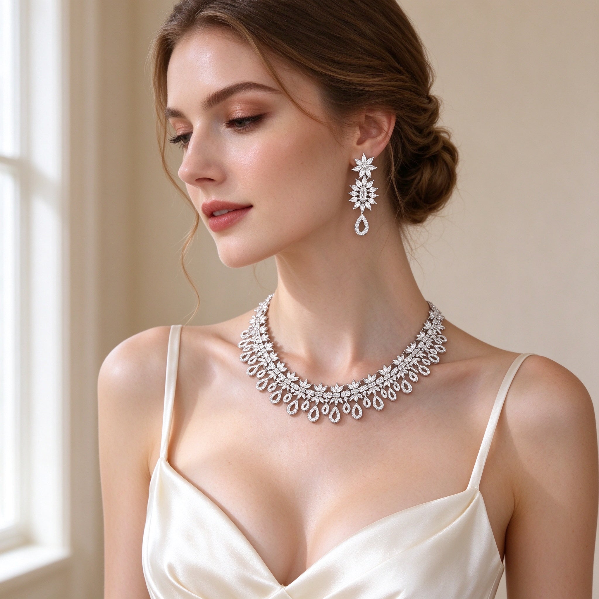 Bride wearing The Peak Bridal Parure collar necklace and two-tier starburst drop earrings