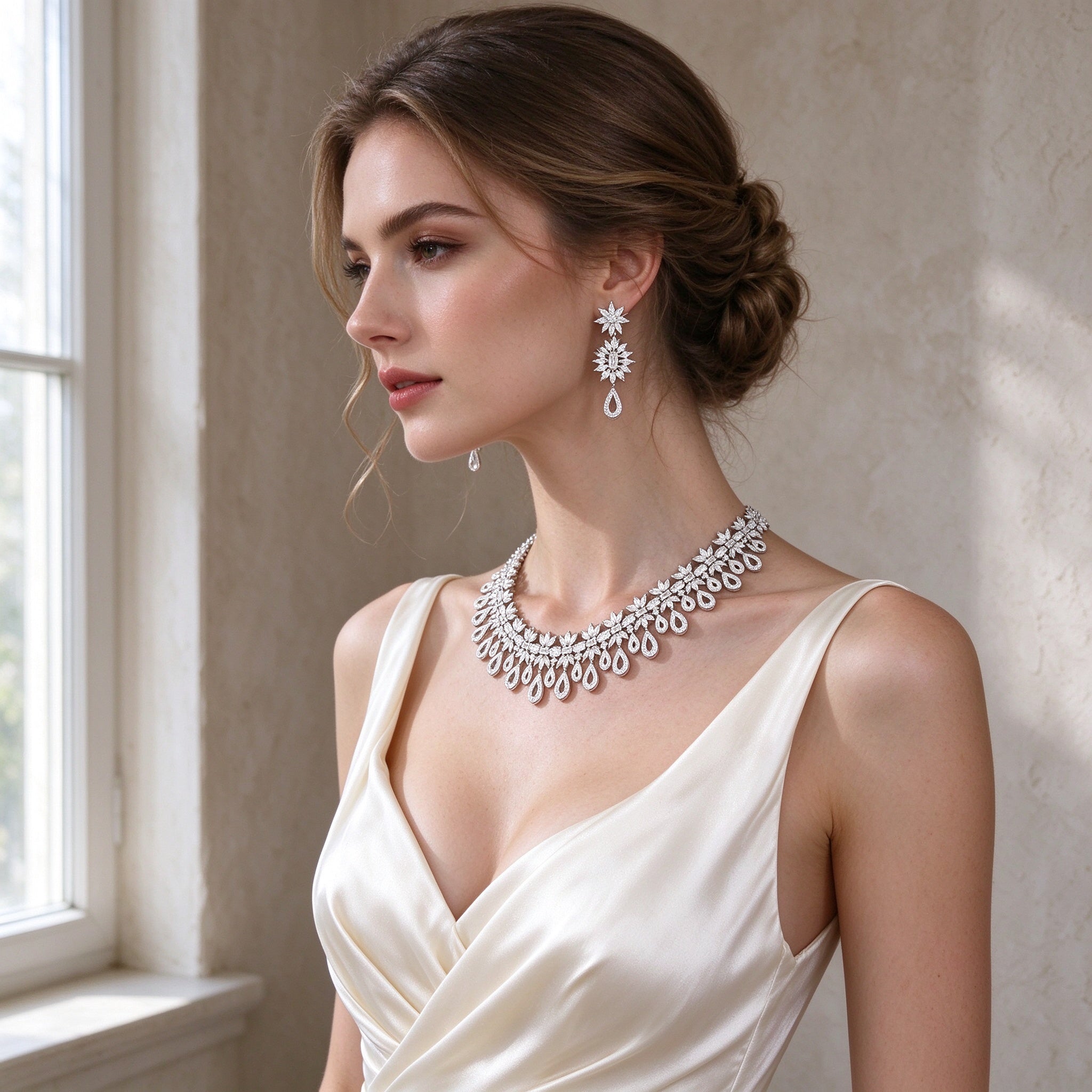 Bride in profile wearing The Peak Bridal Parure regal collar against a warm gray wall