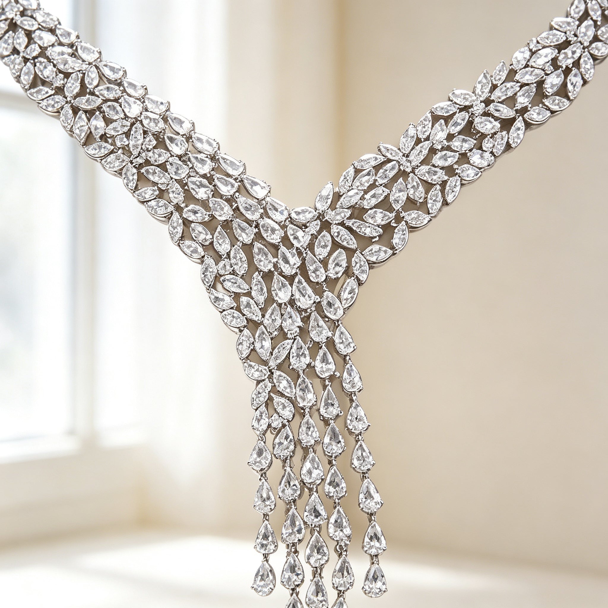 Macro detail of The Peony Bridal Set necklace showing pavé marquise and pear-cut cubic zirconia