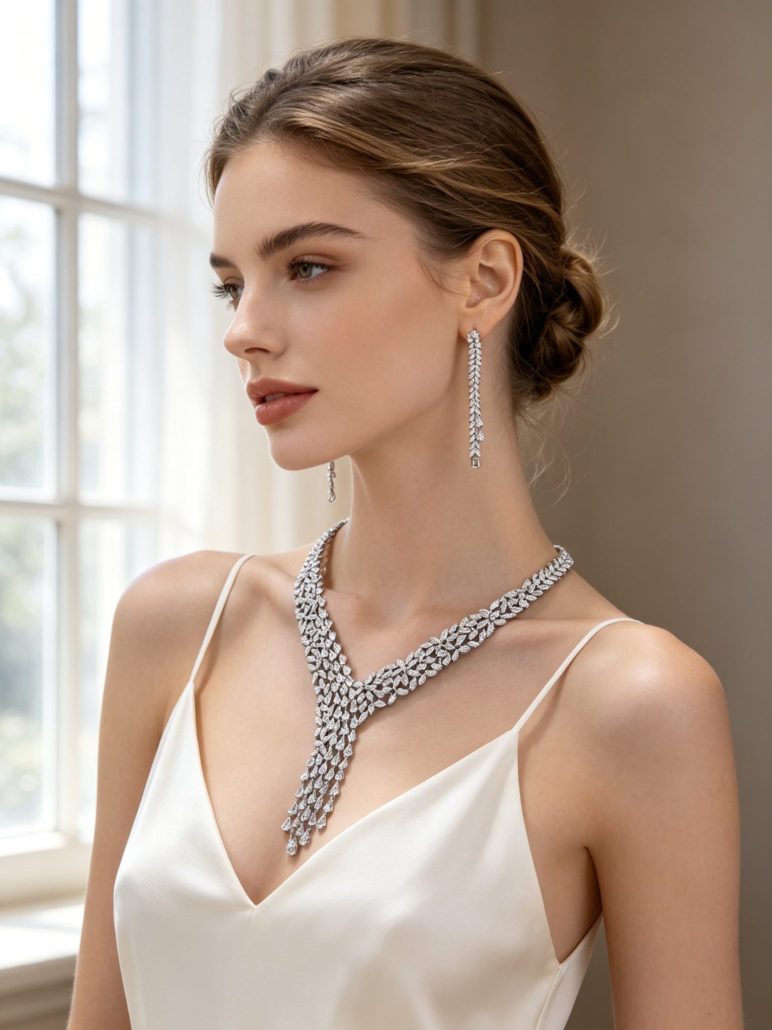 Bride wearing The Peony Bridal Set marquise and teardrop CZ necklace and long drop earrings with an ivory silk gown