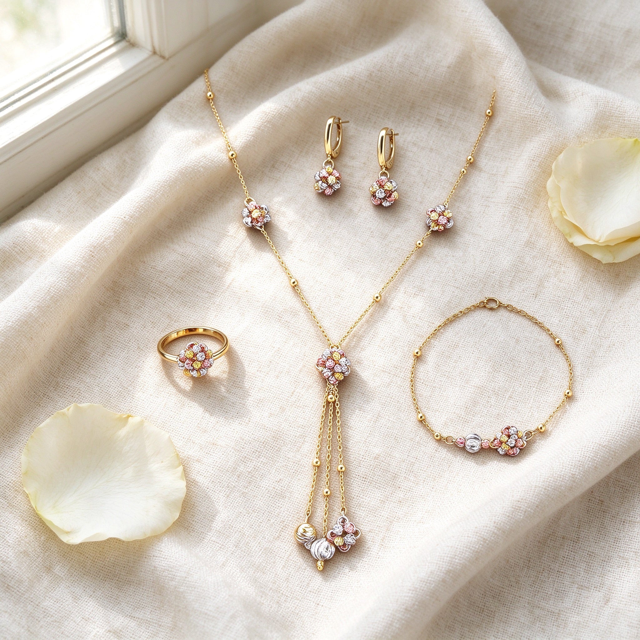 Flat lay of Poppy necklace, earrings, ring and bracelet on cream linen