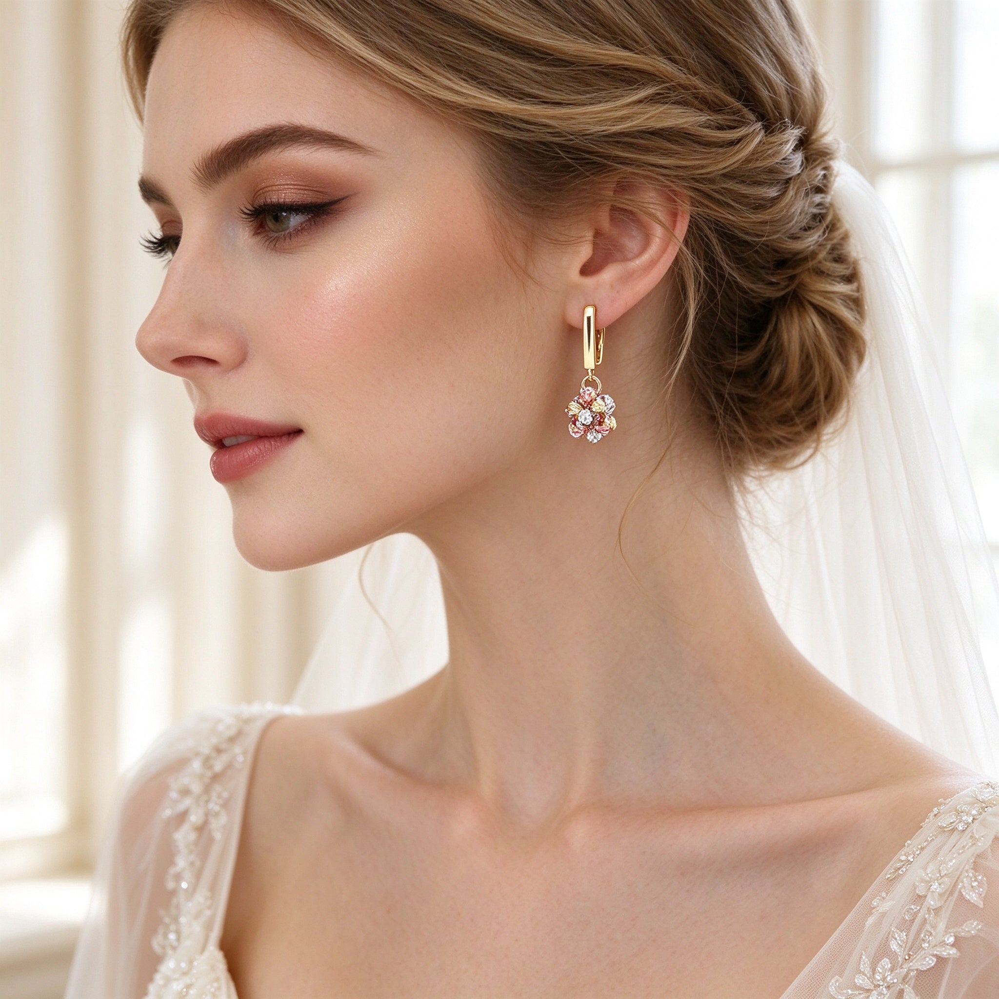 Close-up of Poppy lever-back drop earrings with blush and clear CZ flower cluster