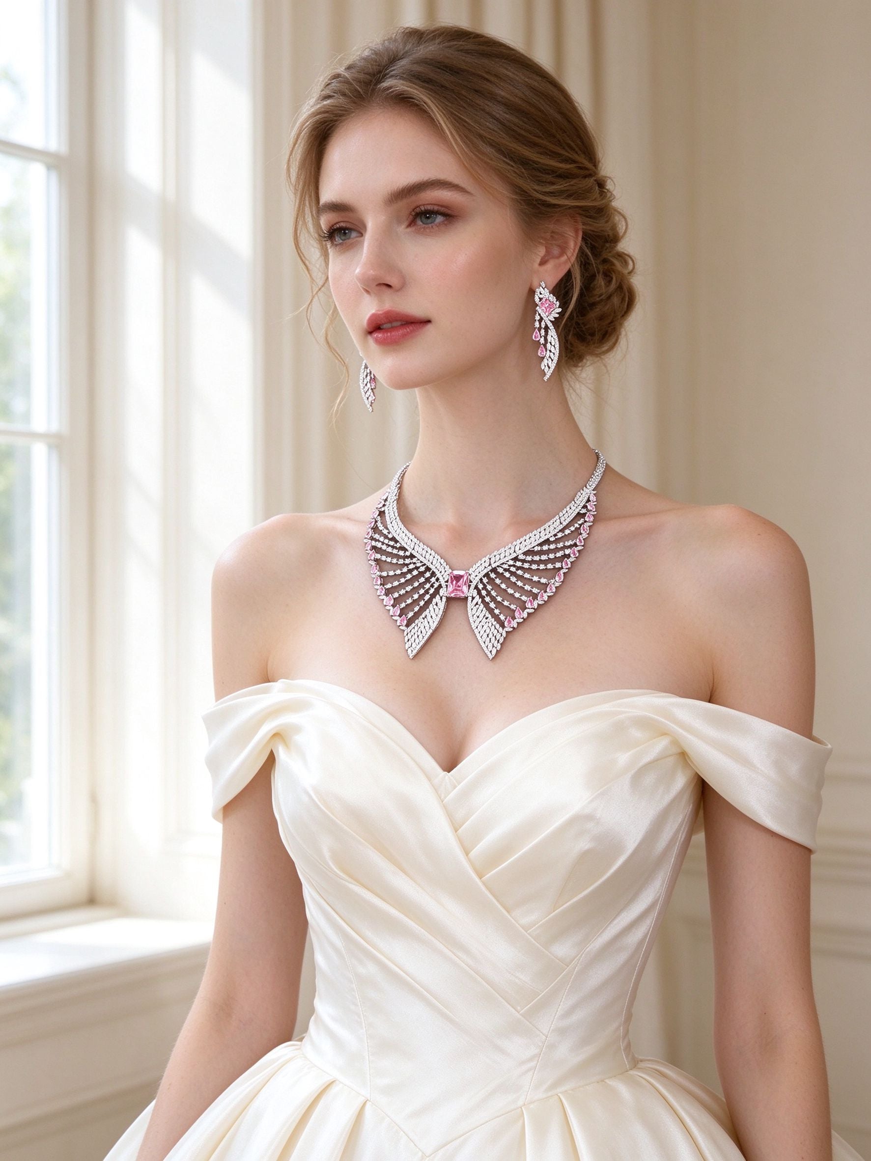 Bride in an ivory off-shoulder silk gown wearing The Reagan Bridal Set wing bib necklace and pink wing drop earrings