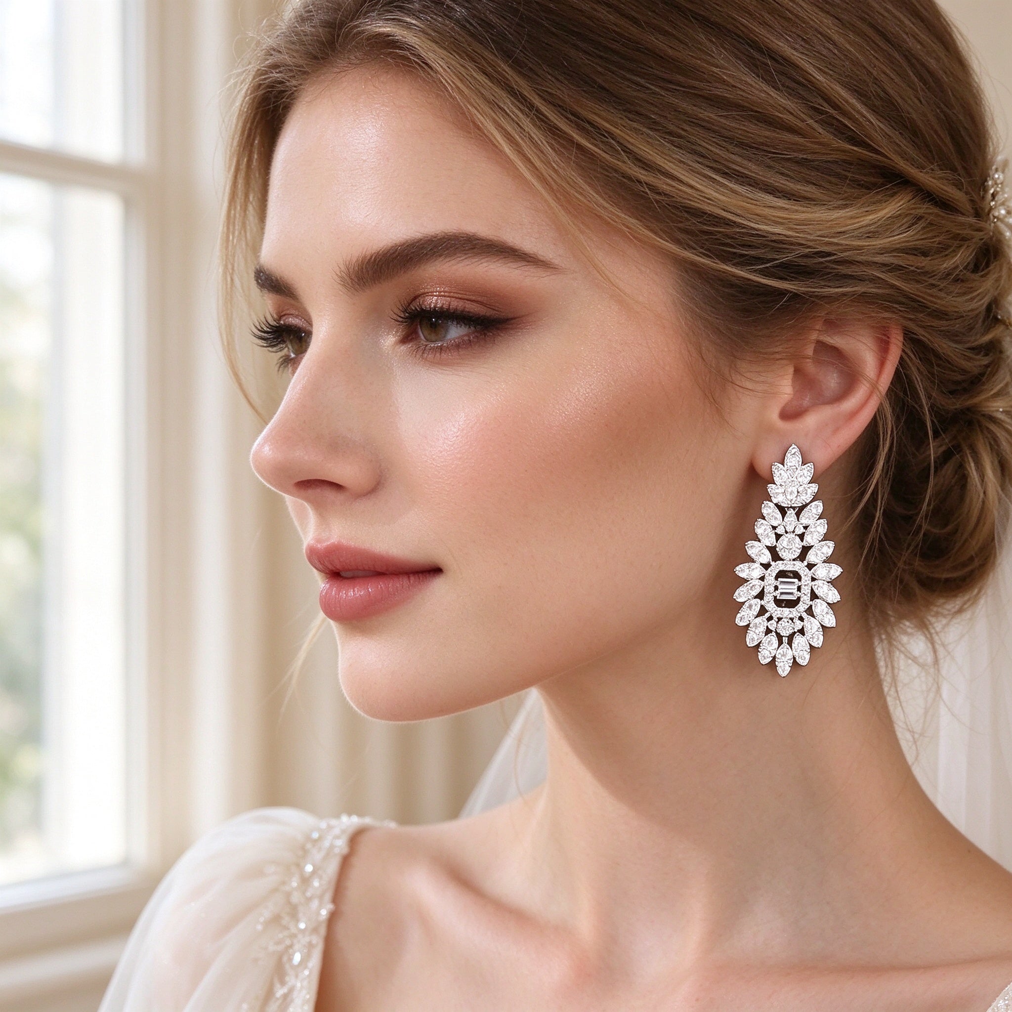 Close-up of Reed teardrop leaf-cluster drop earrings with baguette CZ