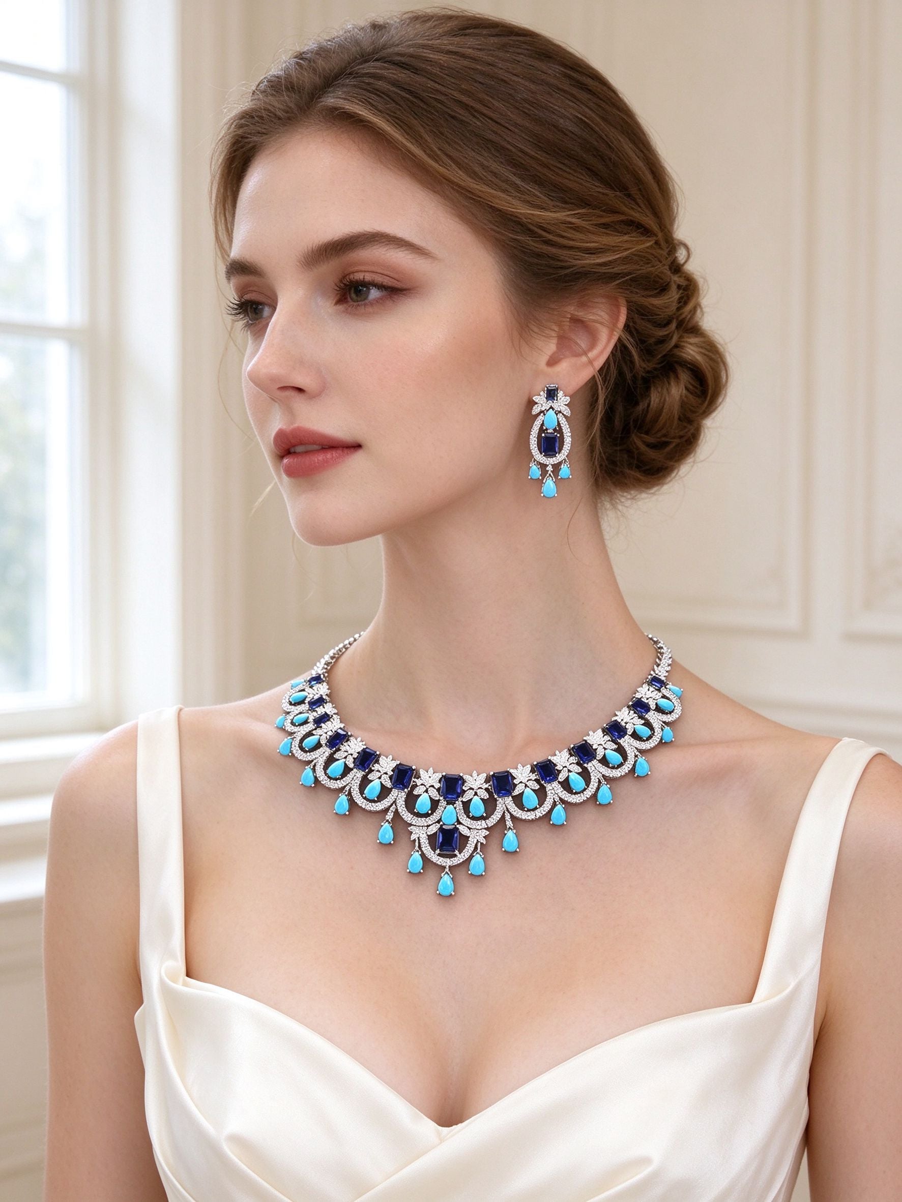 The Riley Bridal Parure – European bride wearing the sapphire-and-turquoise bib necklace and drop earrings
