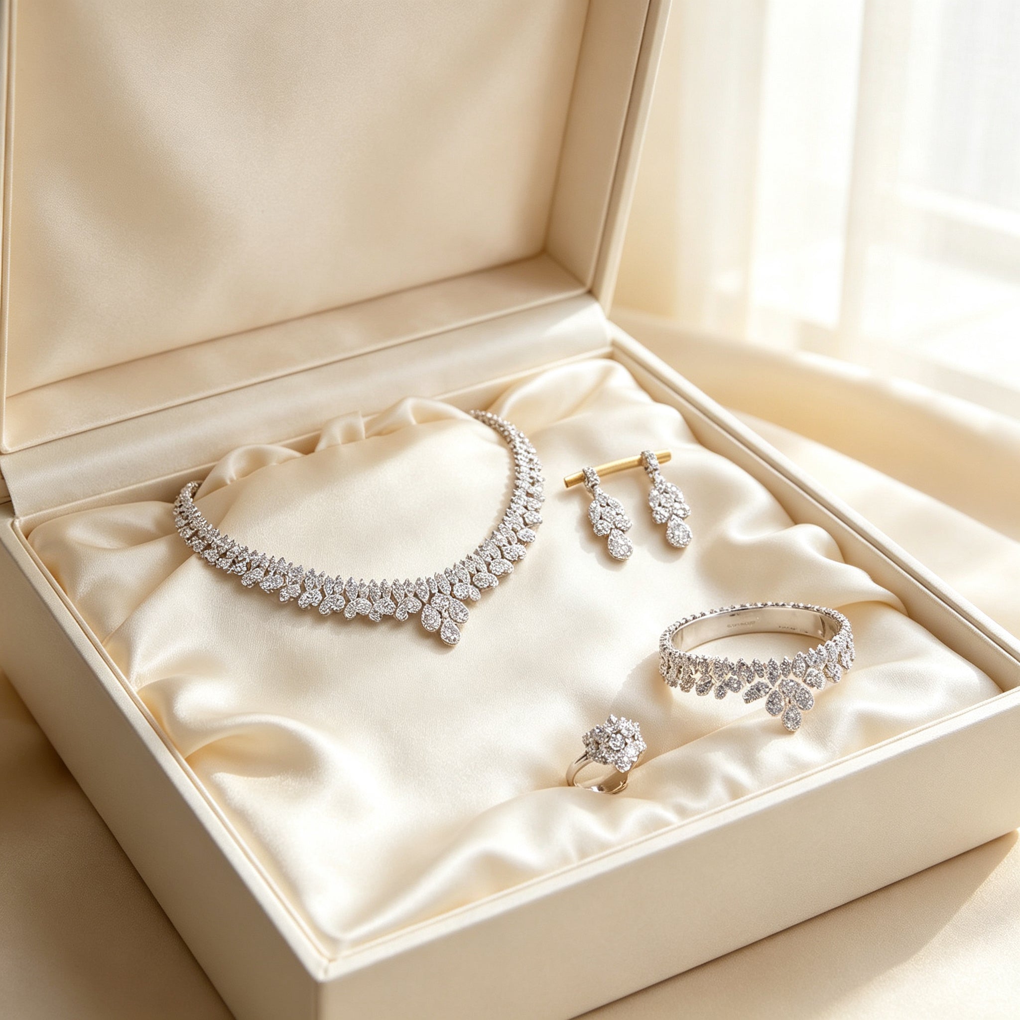 The Rose Crystal Parure four-piece set in an ivory satin presentation box
