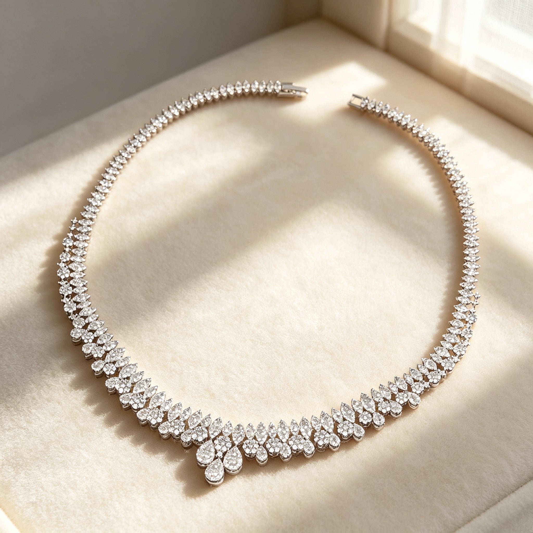 Macro of graduated leaf-motif pavé cubic zirconia necklace detail