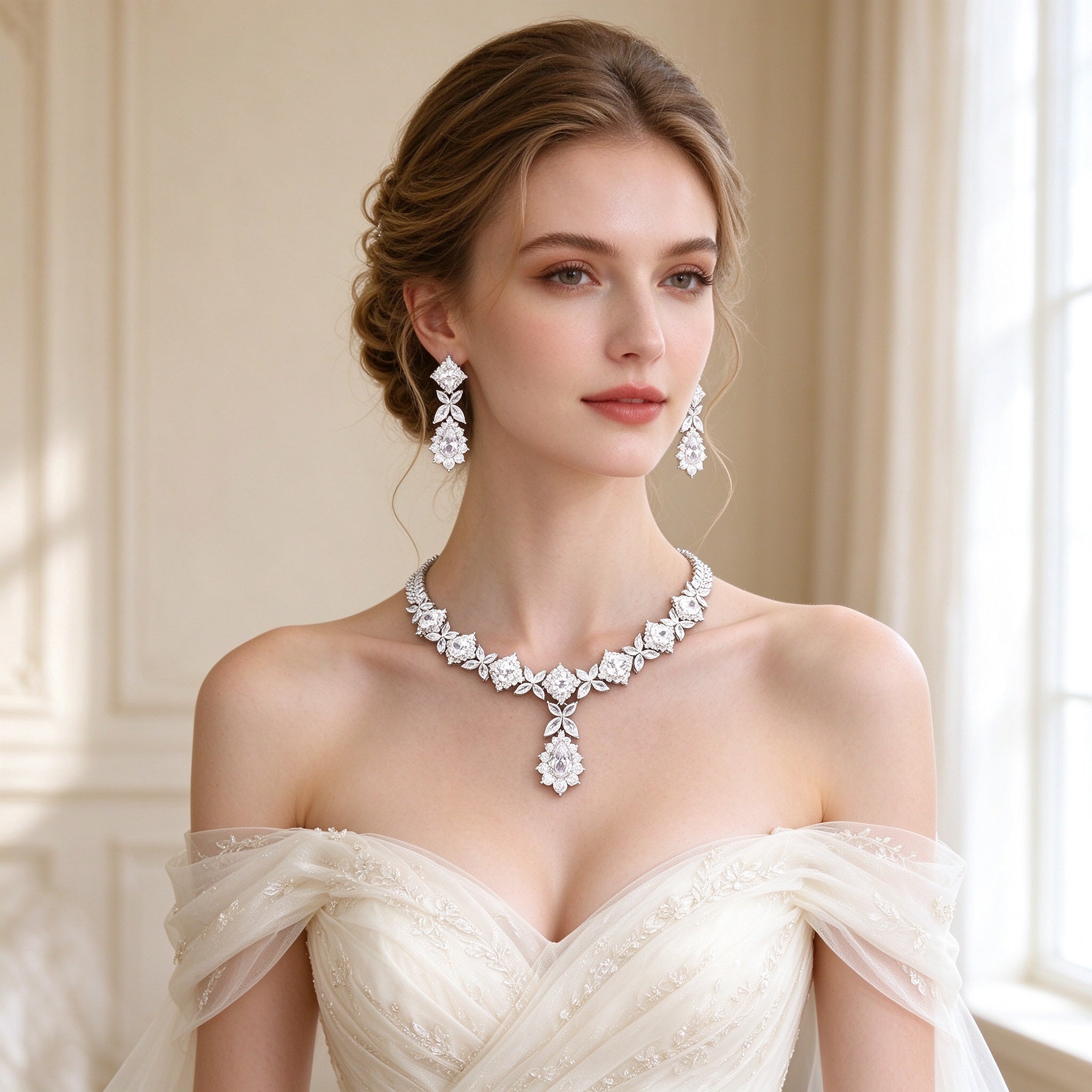 Bride in an ivory off-shoulder gown wearing The Rowan floral CZ collar necklace and tiered drop earrings