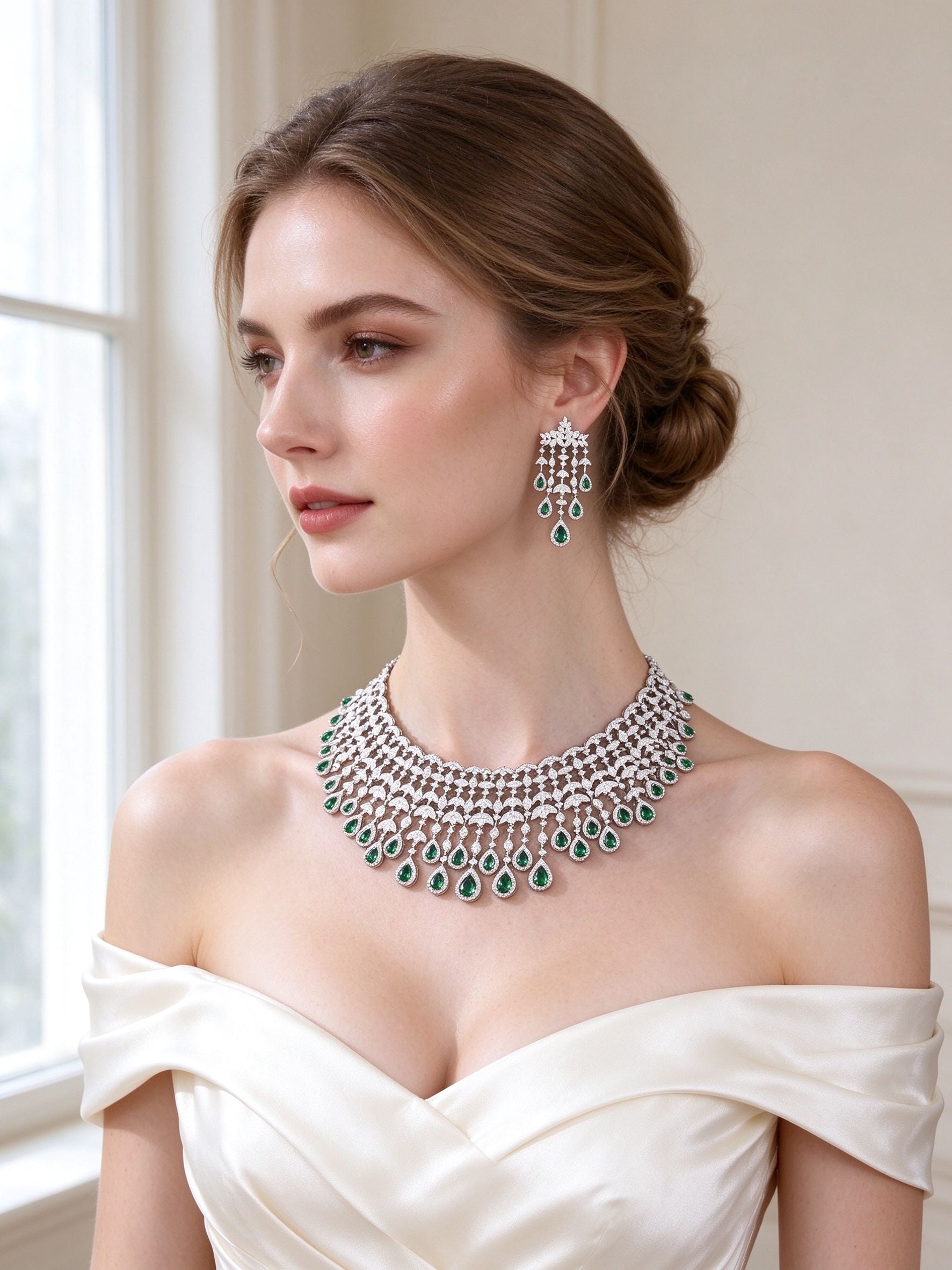 Model wearing The Sage Crystal Parure lace bib necklace and chandelier earrings in ivory silk