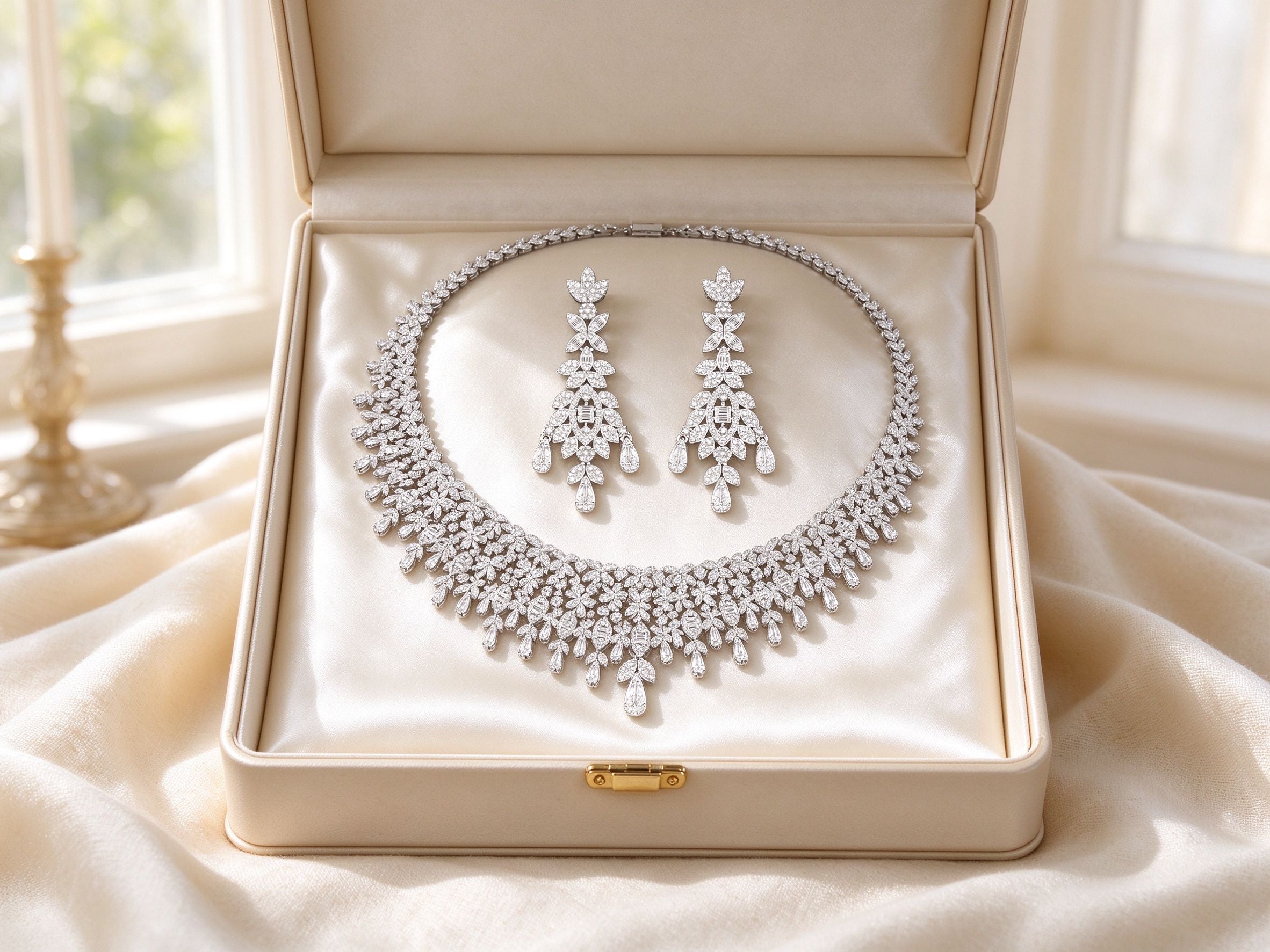 The Selene Bridal Parure necklace and earrings resting on ivory satin inside an open cream jewelry gift box
