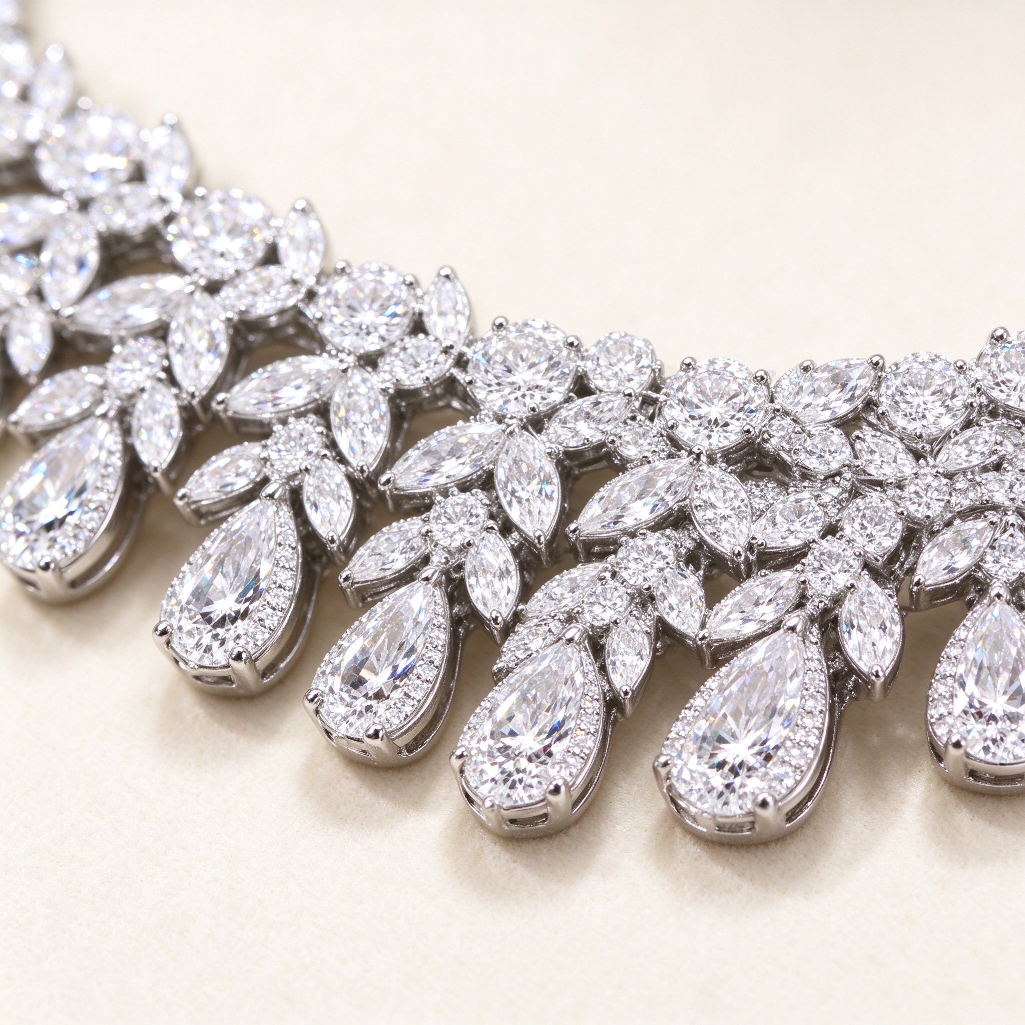 The Seraphine Bridal Set – macro of marquise, round and pear-cut cubic zirconia in silver-tone settings