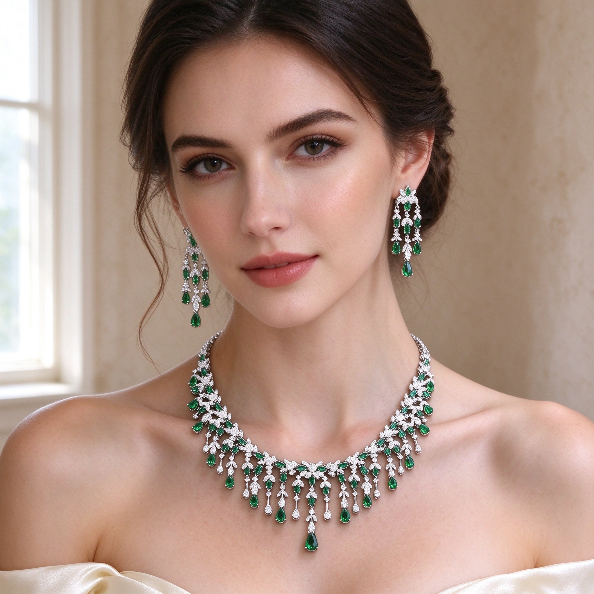 Close-up of bride wearing The Sheaf emerald-green CZ fringe necklace and three-tier chandelier earrings