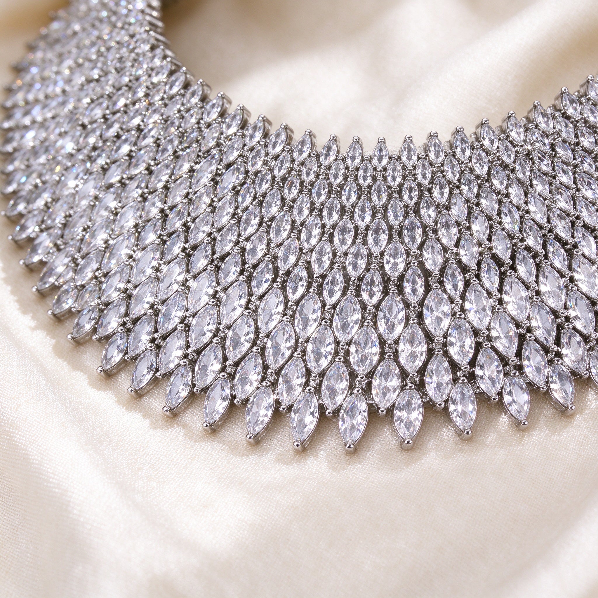 Macro detail of The Skye Bridal Set graduated marquise CZ necklace