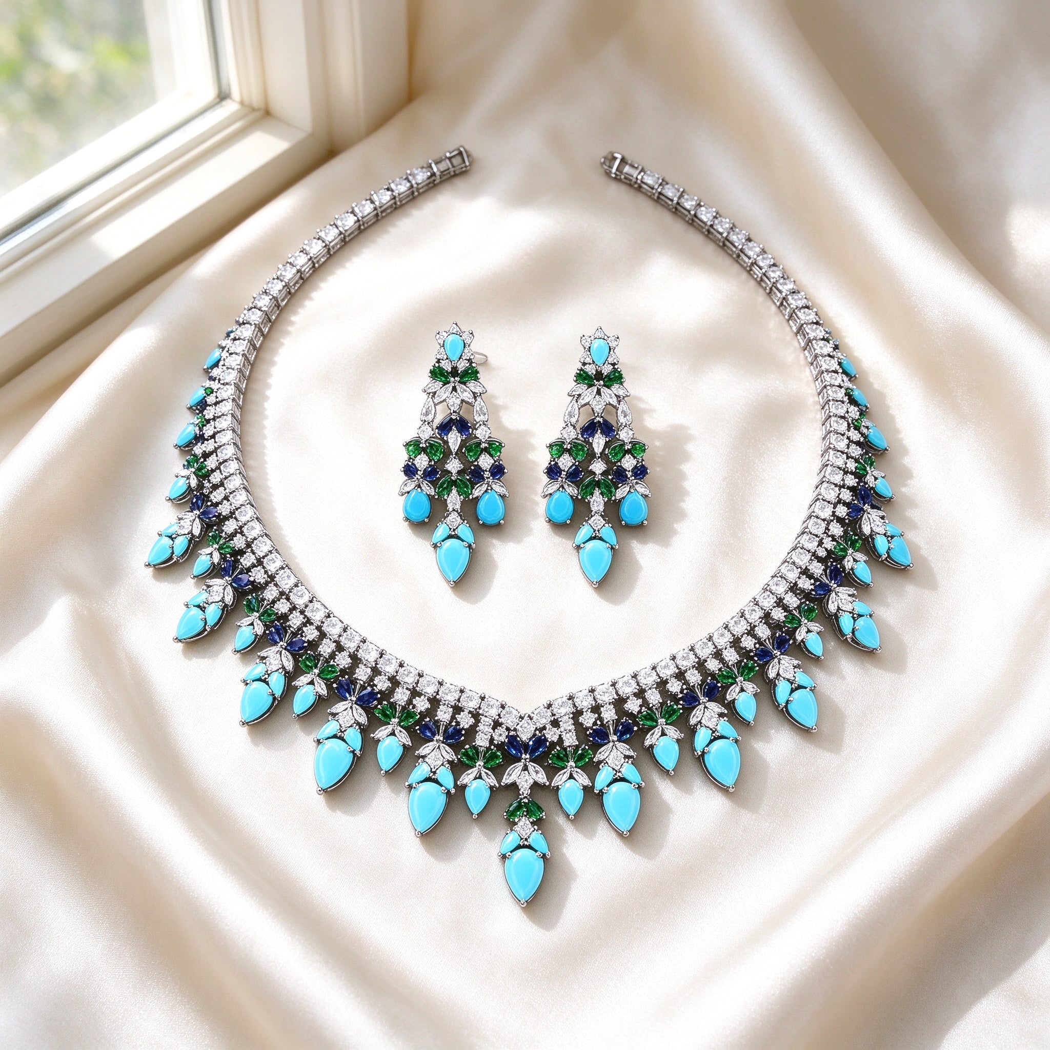 Flat lay of The Sloane Bridal Set two-piece necklace and earrings on ivory silk satin