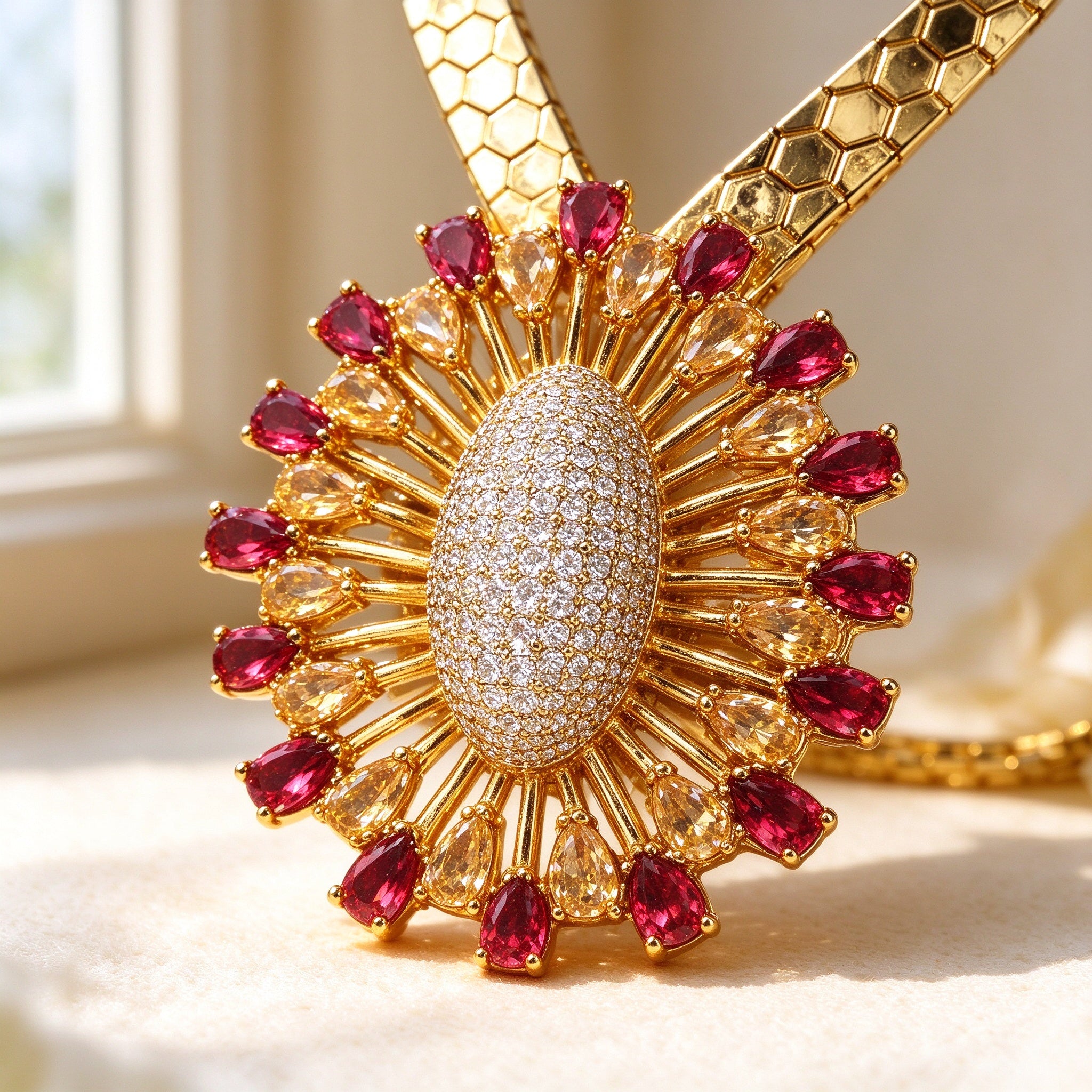 Macro detail of The Solstice Bridal Set gold sunburst pendant with radiating rays and red pear CZ
