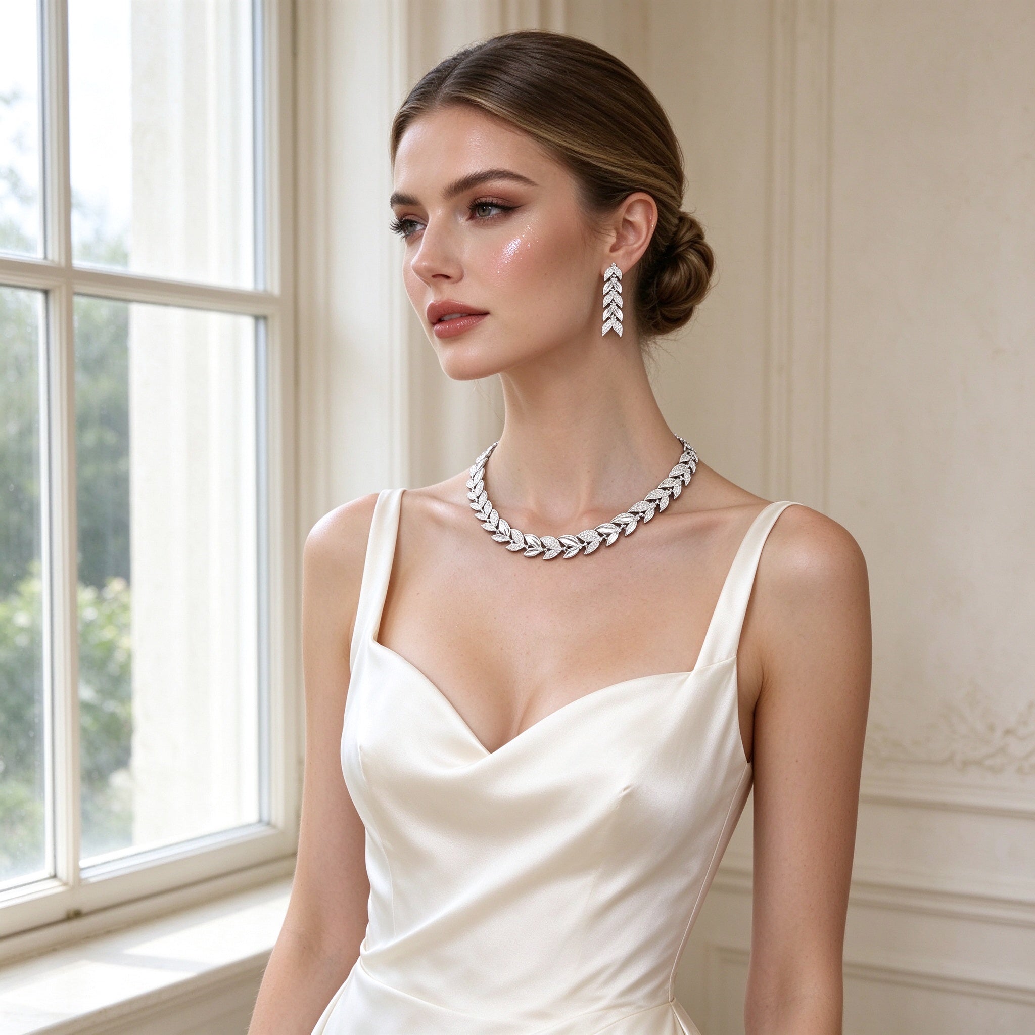 Western bride wearing The Stella Bridal Parure laurel-leaf CZ collar necklace and leaf drop earrings in an ivory silk gown by a bright window