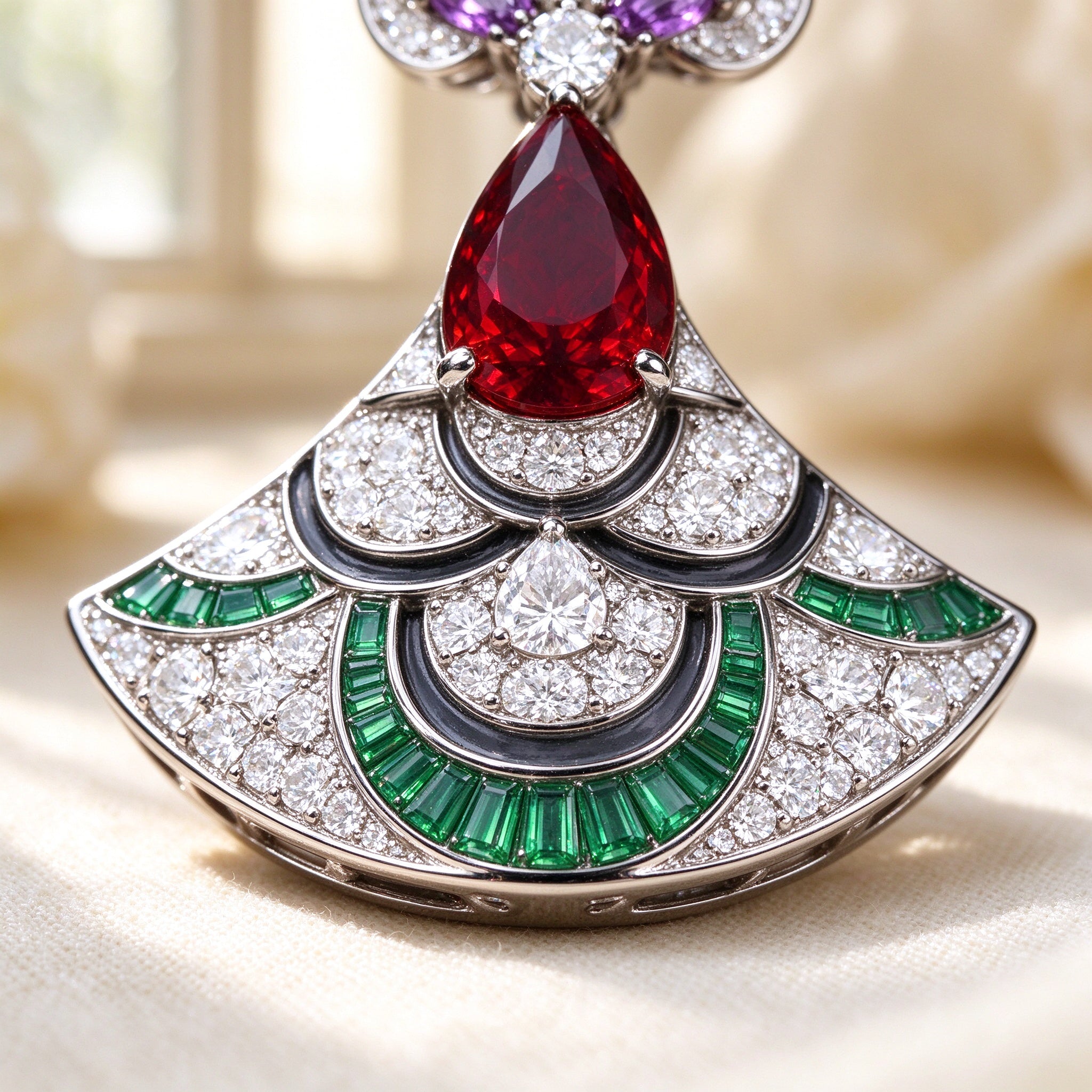 Macro detail of fan pendant with red teardrop, green baguette and white CZ