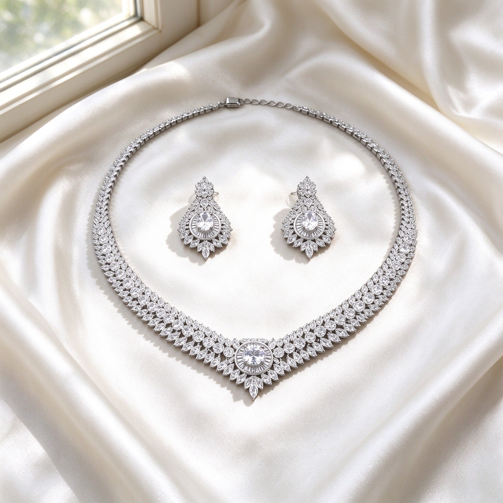 Flat lay of The Sutton Bridal Parure two-piece necklace and earrings on ivory silk satin