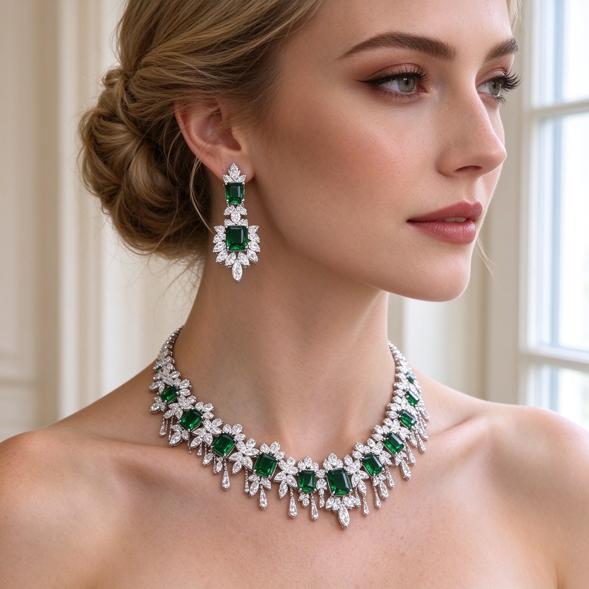 Close-up of a bride's ear and neck showing The Twilight Bridal Parure emerald-green and clear CZ drop earring and fringe necklace