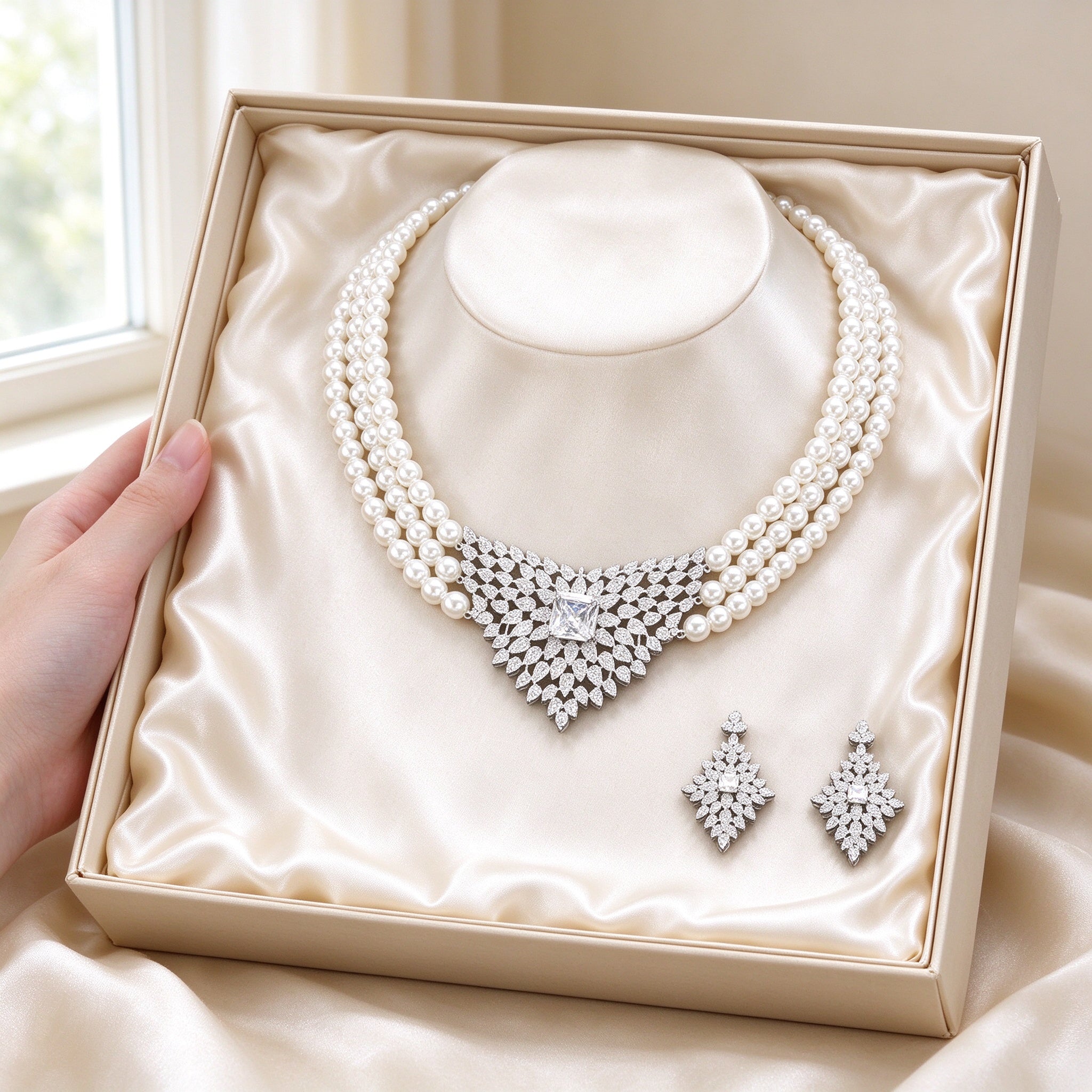 The Vale Bridal Parure presented in ivory satin-lined gift box