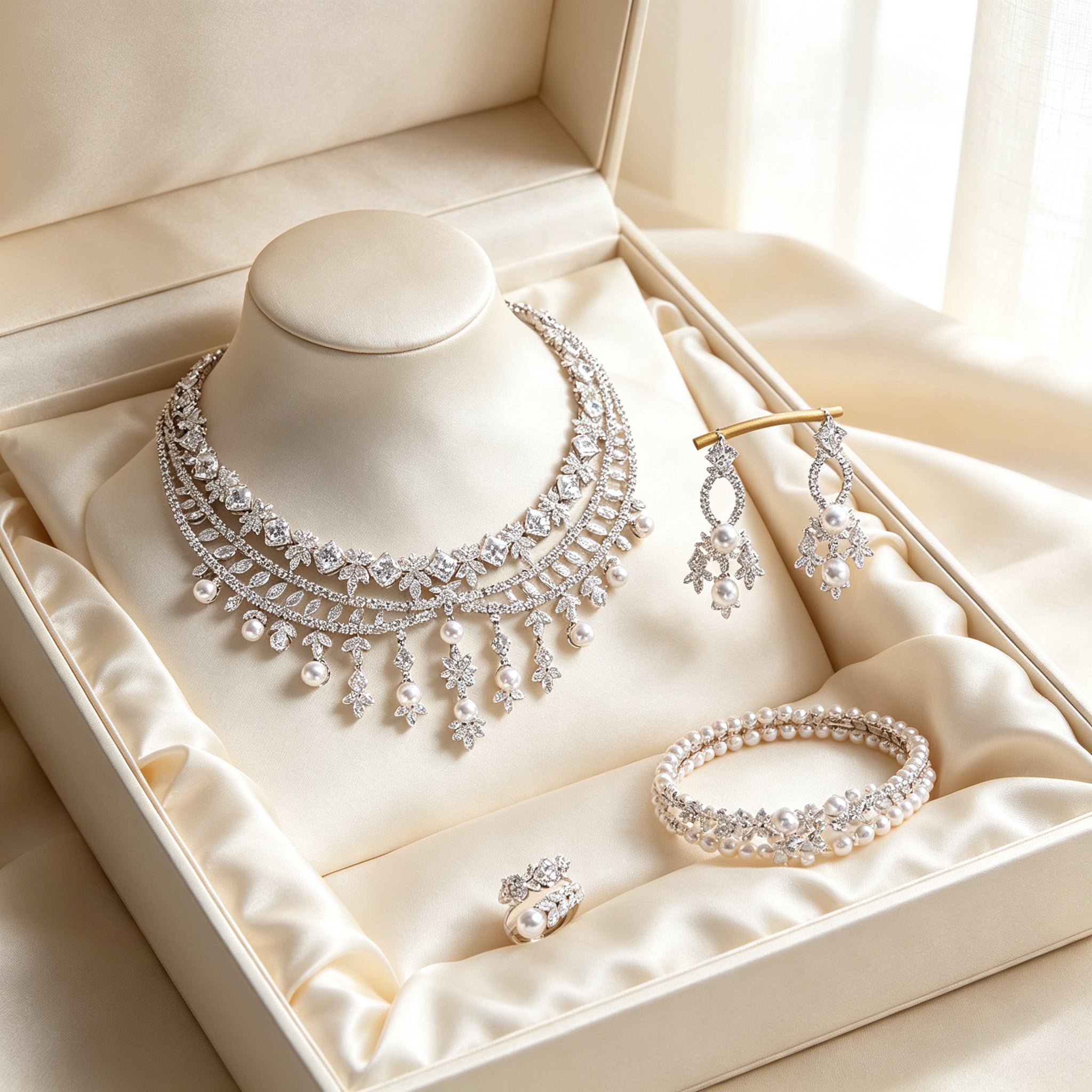 The Violet Bridal Parure four-piece set in an ivory satin presentation box