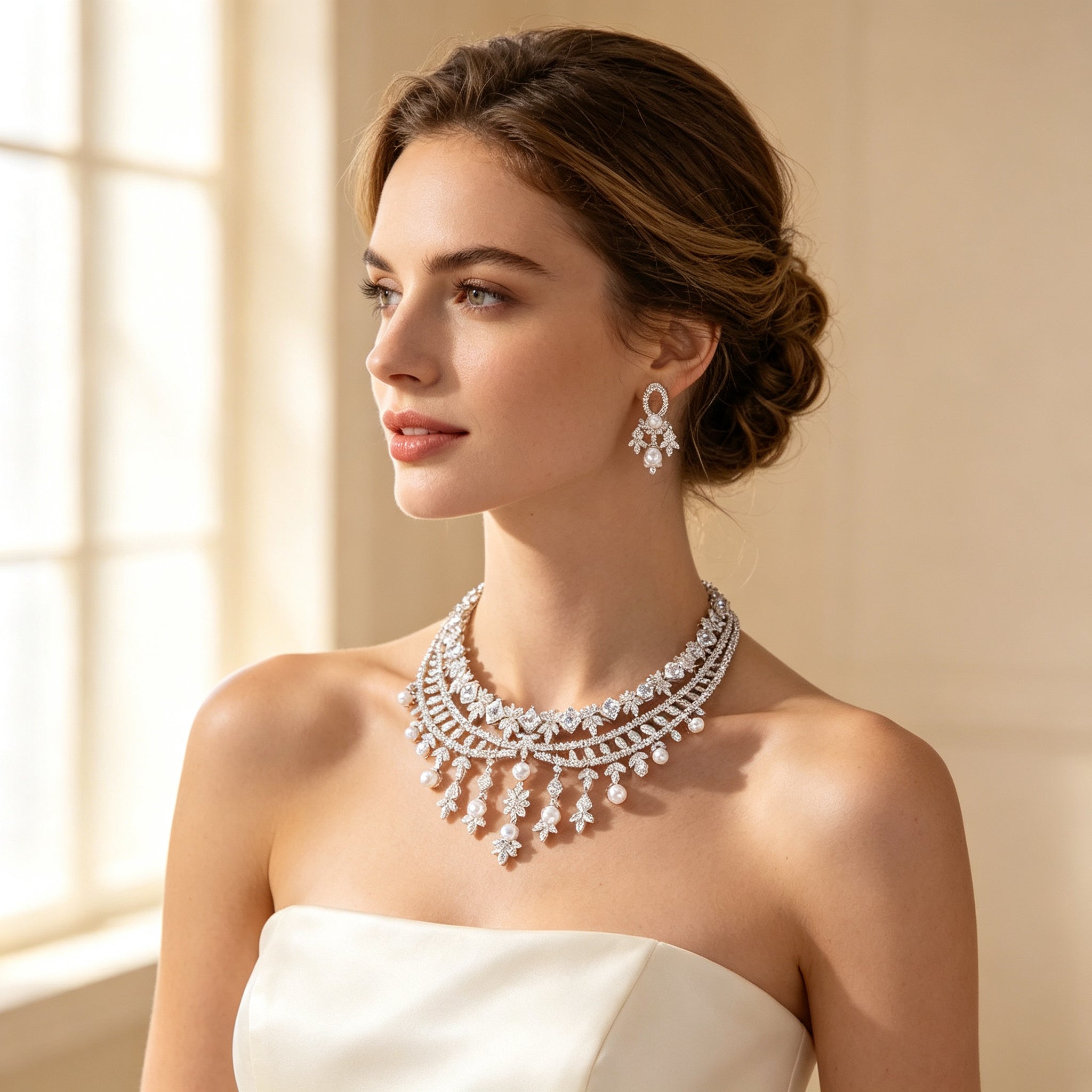 Bride wearing The Violet Bridal Parure layered pearl and crystal collar necklace